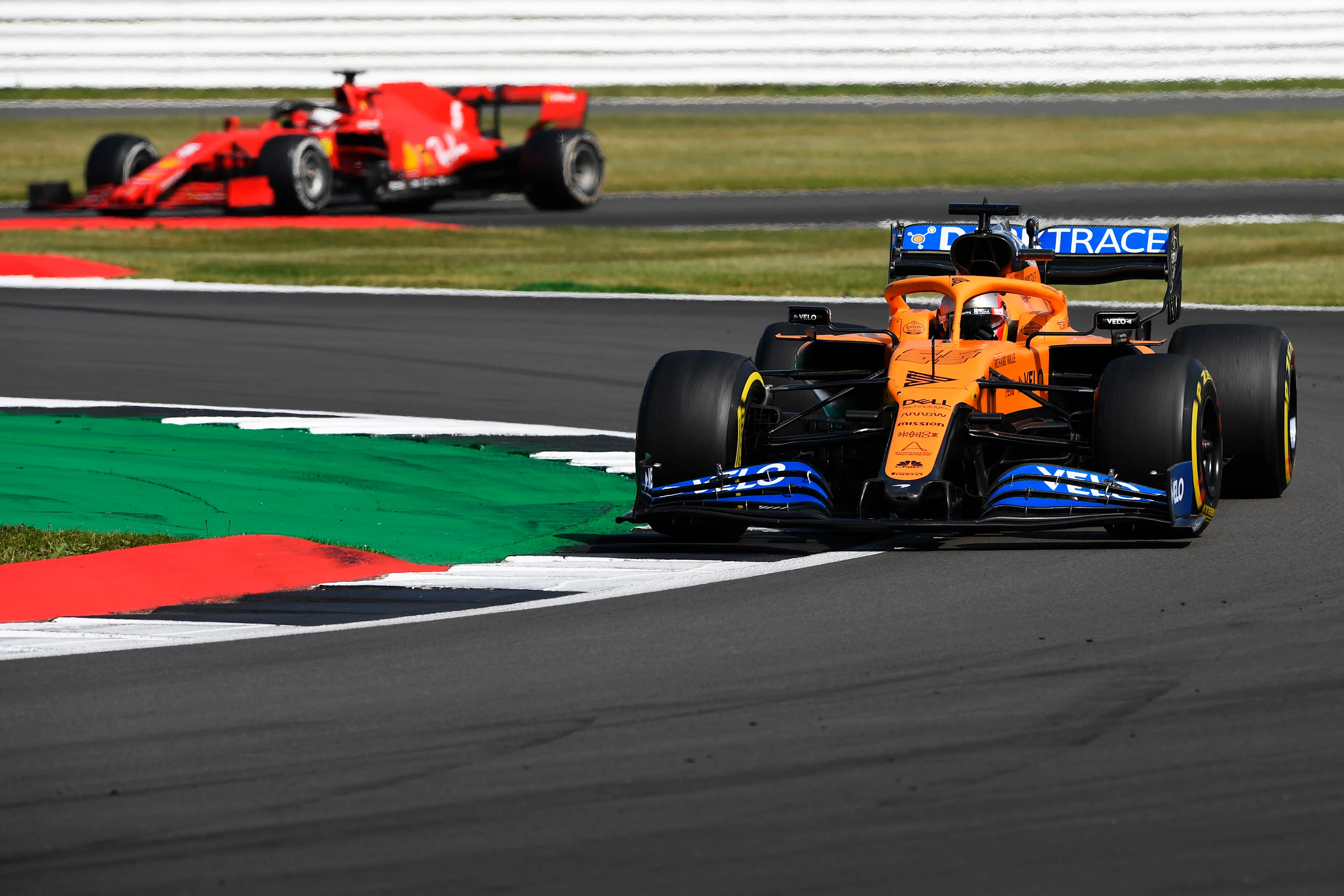 44NORTHAMPTON, ENGLAND - AUGUST 09: Carlos Sainz of Spain driving the (55) McLaren F1 Team MCL35