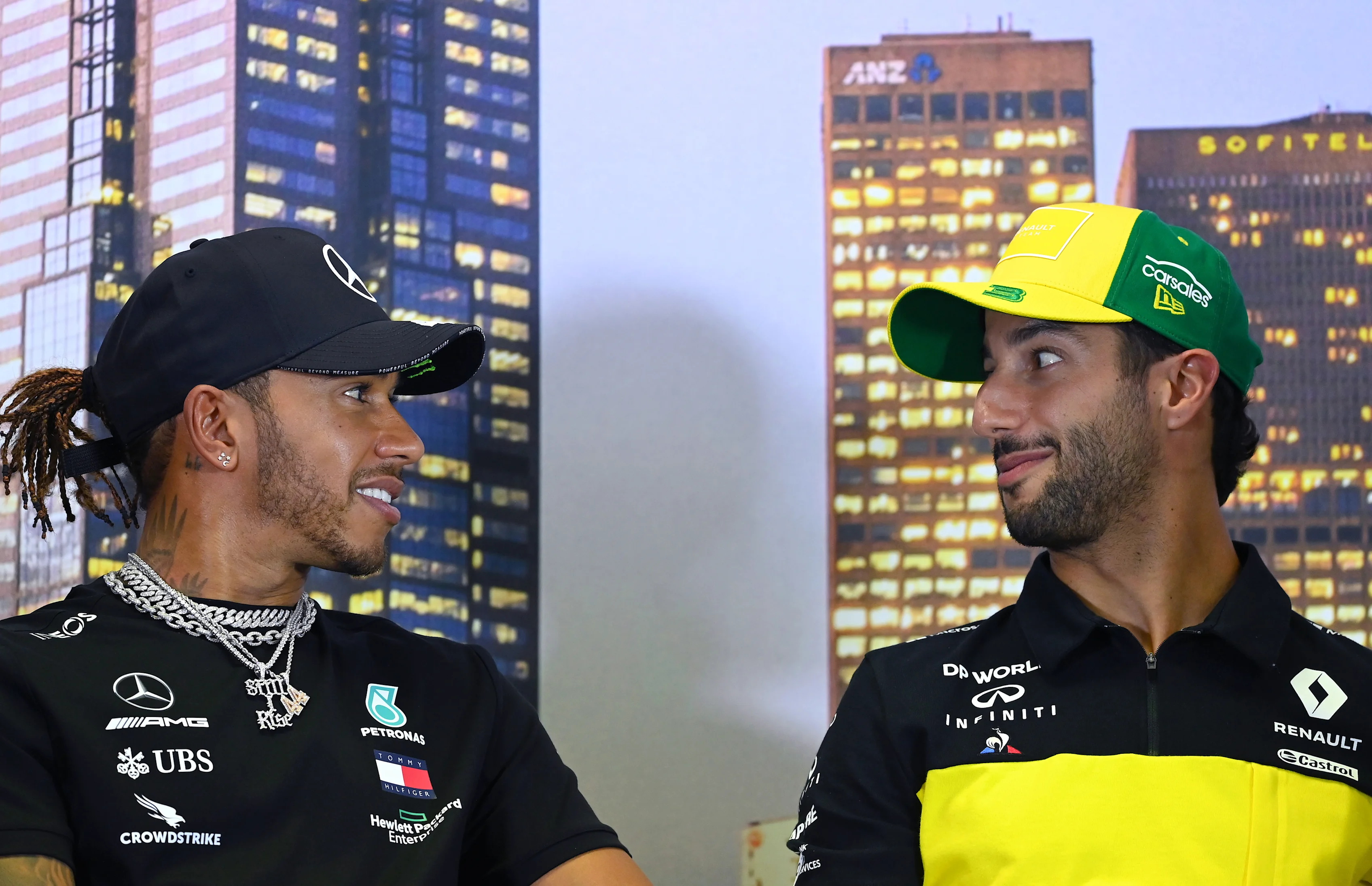 MELBOURNE, AUSTRALIA - MARCH 12: Lewis Hamilton of Great Britain and Mercedes GP and Daniel