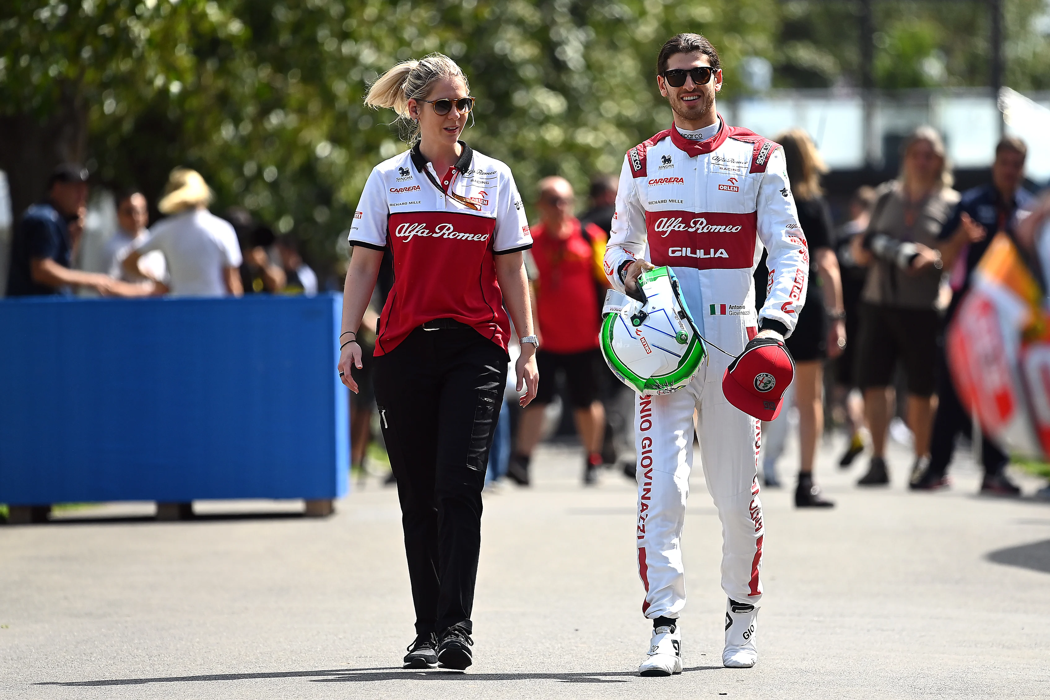 MELBOURNE, AUSTRALIA - MARCH 12: Antonio Giovinazzi of Italy and Alfa Romeo Racing walks in the