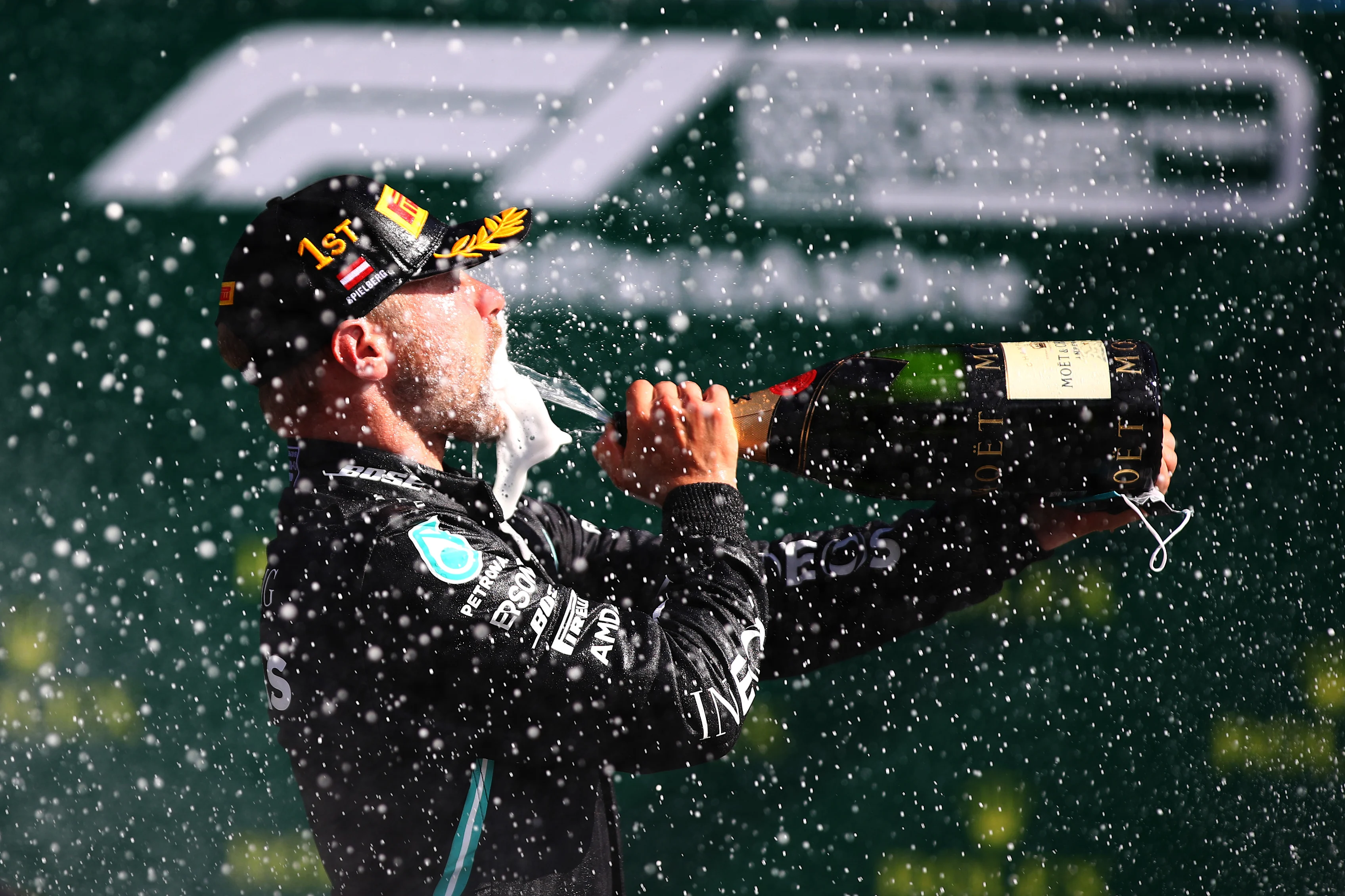 SPIELBERG, AUSTRIA - JULY 05:  Race winner Valtteri Bottas of Finland and Mercedes GP celebrates on
