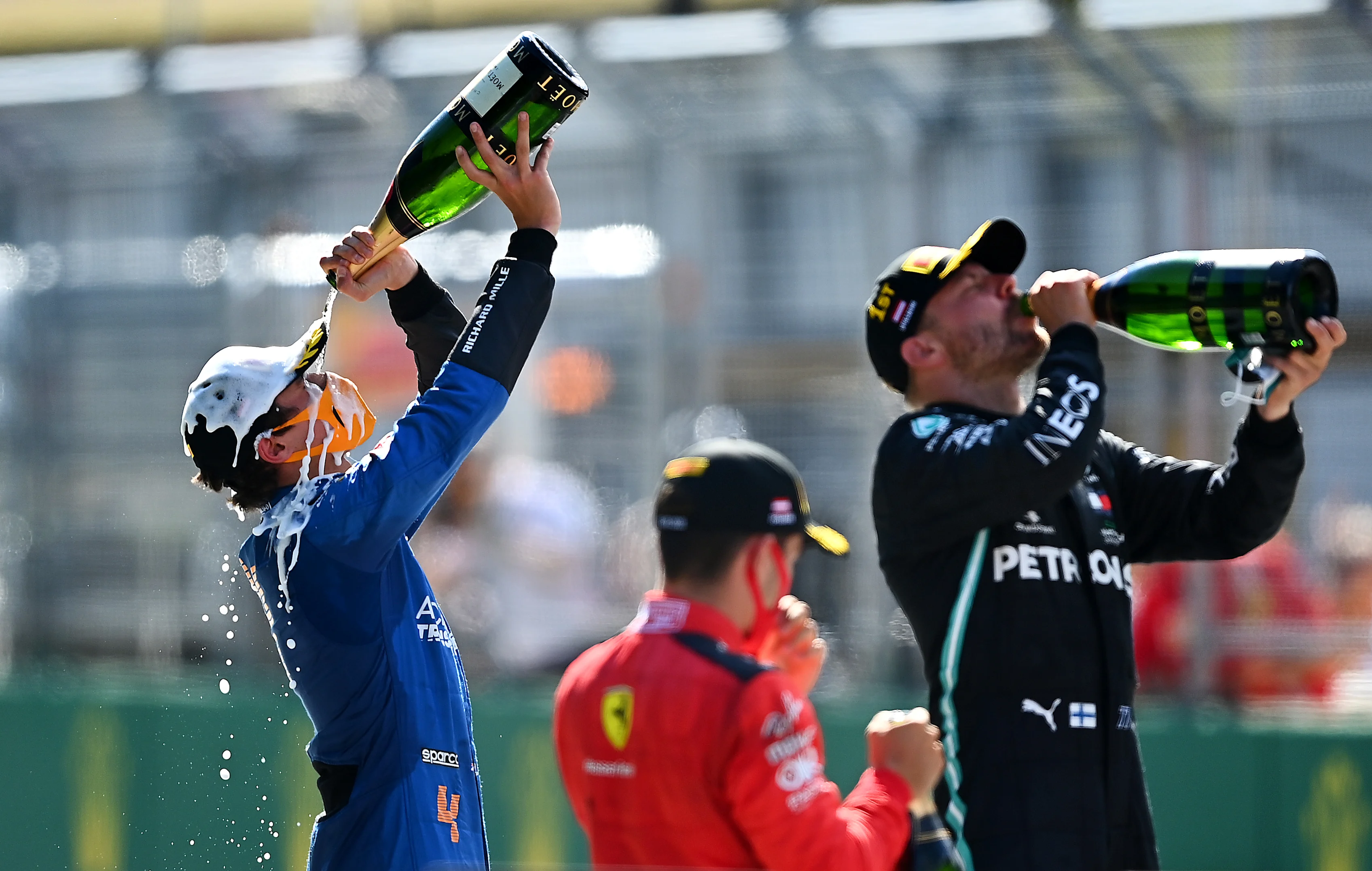 SPIELBERG, AUSTRIA - JULY 05: Race winner Valtteri Bottas of Finland and Mercedes GP, second placed