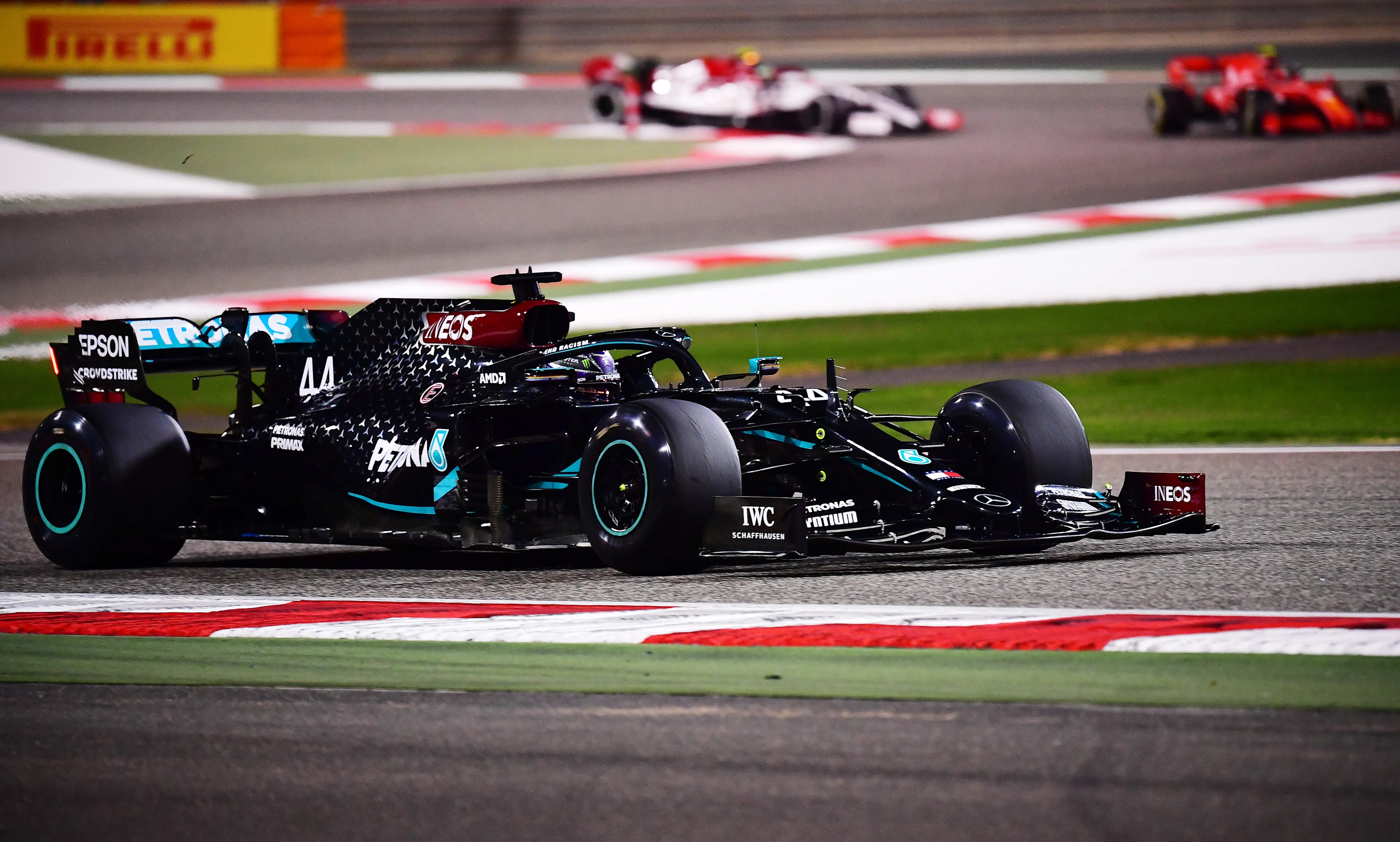 BAHRAIN, BAHRAIN - NOVEMBER 27: Lewis Hamilton of Great Britain driving the (44) Mercedes AMG