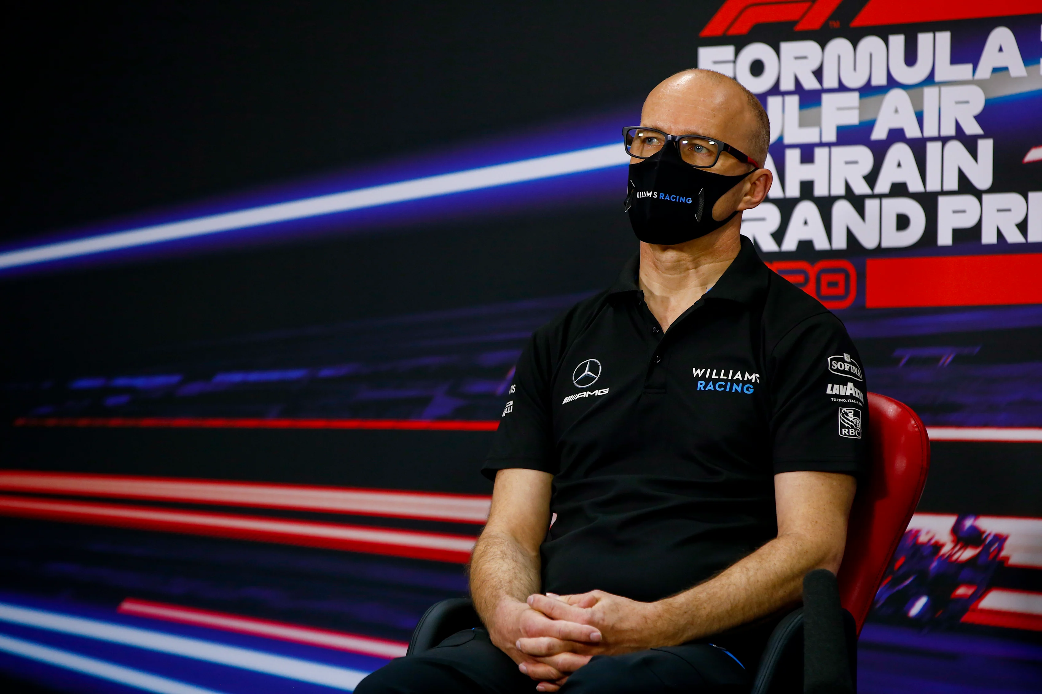 BAHRAIN, BAHRAIN - NOVEMBER 27: Williams Acting Team Principal Simon Roberts talks in the Team Principals Press Conference during practice ahead of the F1 Grand Prix of Bahrain at Bahrain International Circuit on November 27, 2020 in Bahrain, Bahrain. (Photo by Andy Hone - Pool/Getty Images)