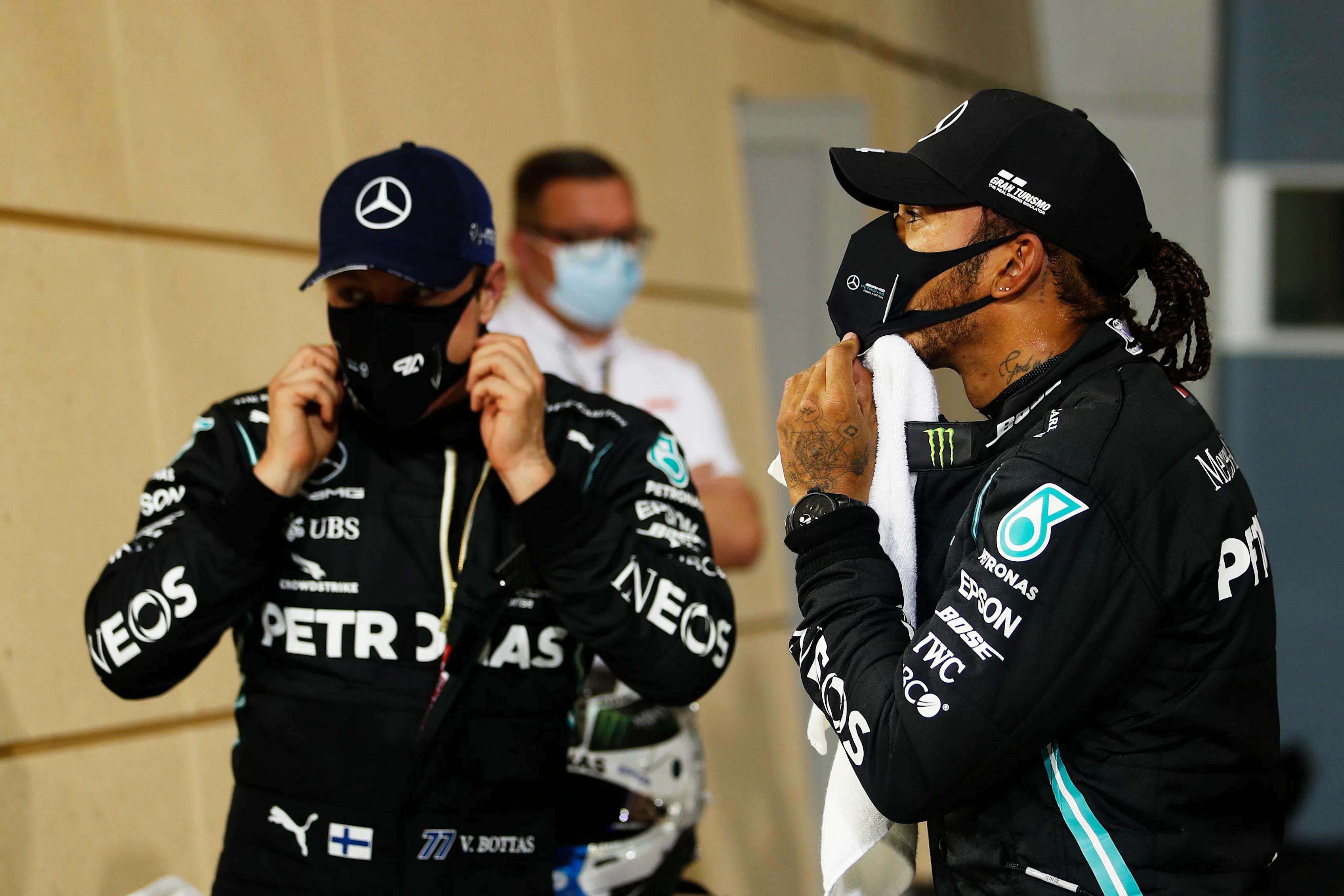 BAHRAIN, BAHRAIN - NOVEMBER 28: Pole position qualifier Lewis Hamilton of Great Britain and