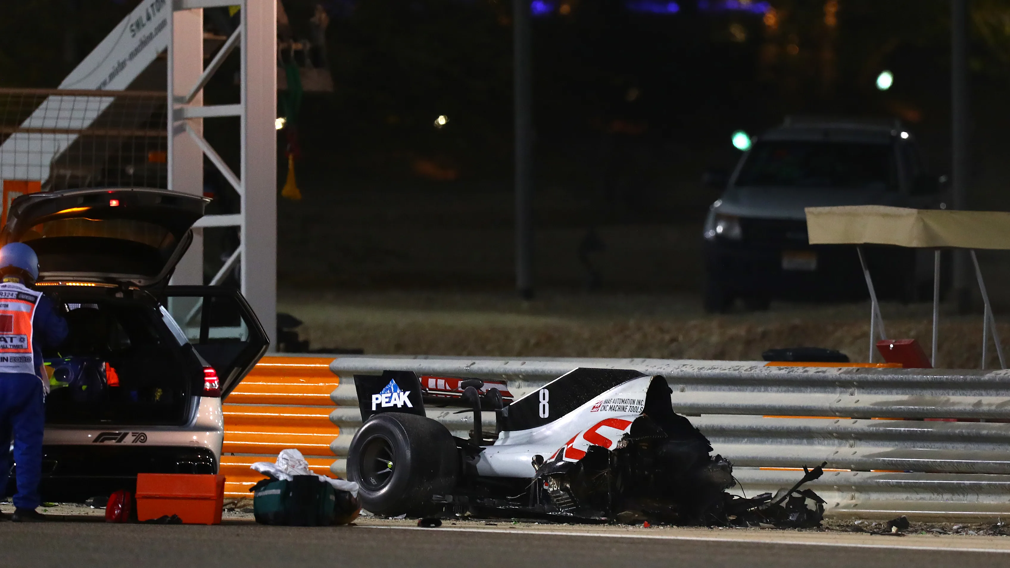 BAHRAIN, BAHRAIN - NOVEMBER 29: Debris following the crash of Romain Grosjean of France and Haas F1