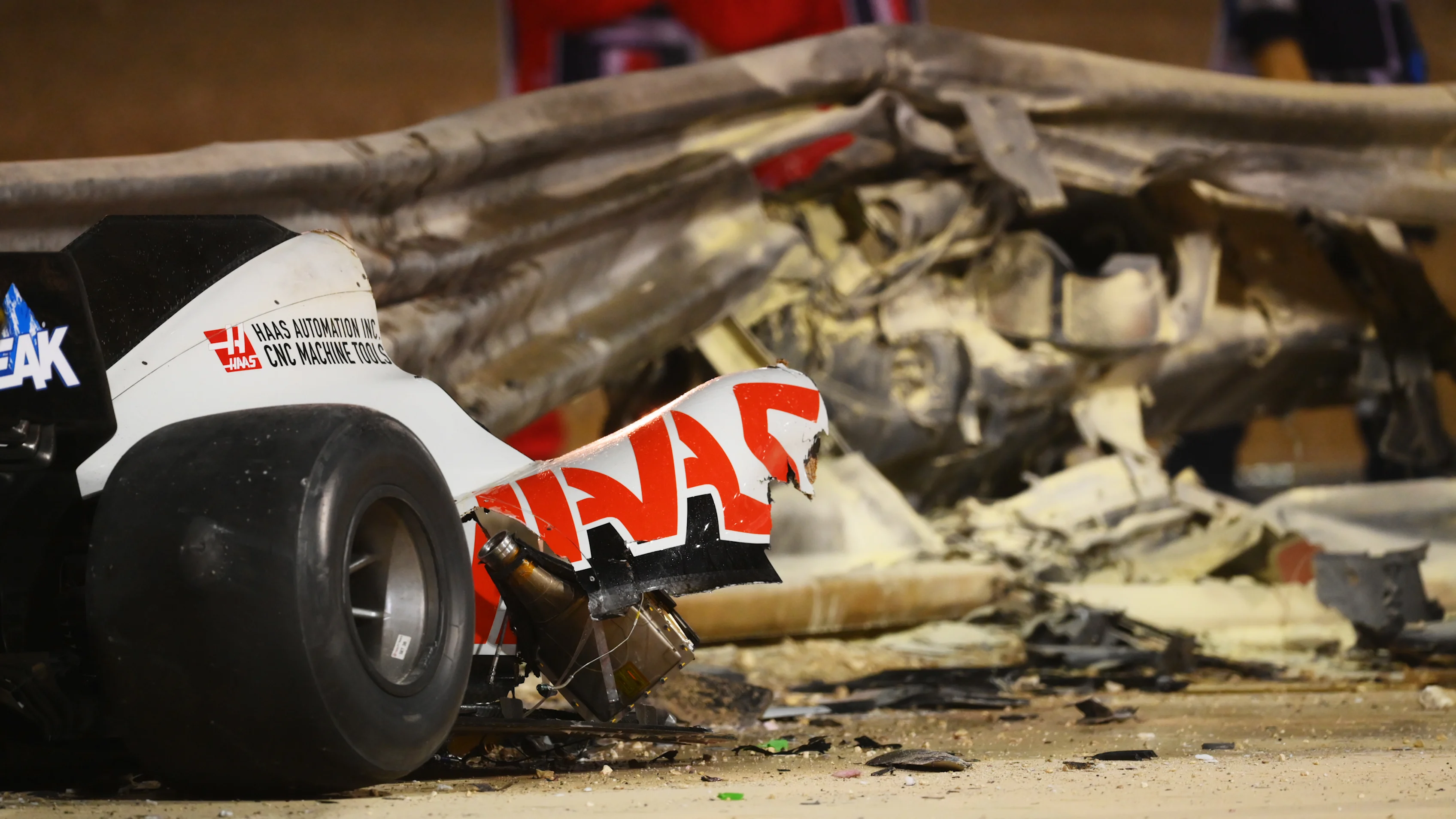 BAHRAIN, BAHRAIN - NOVEMBER 29: Debris following the crash of Romain Grosjean of France and Haas F1 is pictured during the F1 Grand Prix of Bahrain at Bahrain International Circuit on November 29, 2020 in Bahrain, Bahrain. (Photo by Clive Mason - Formula 1/Formula 1 via Getty Images)