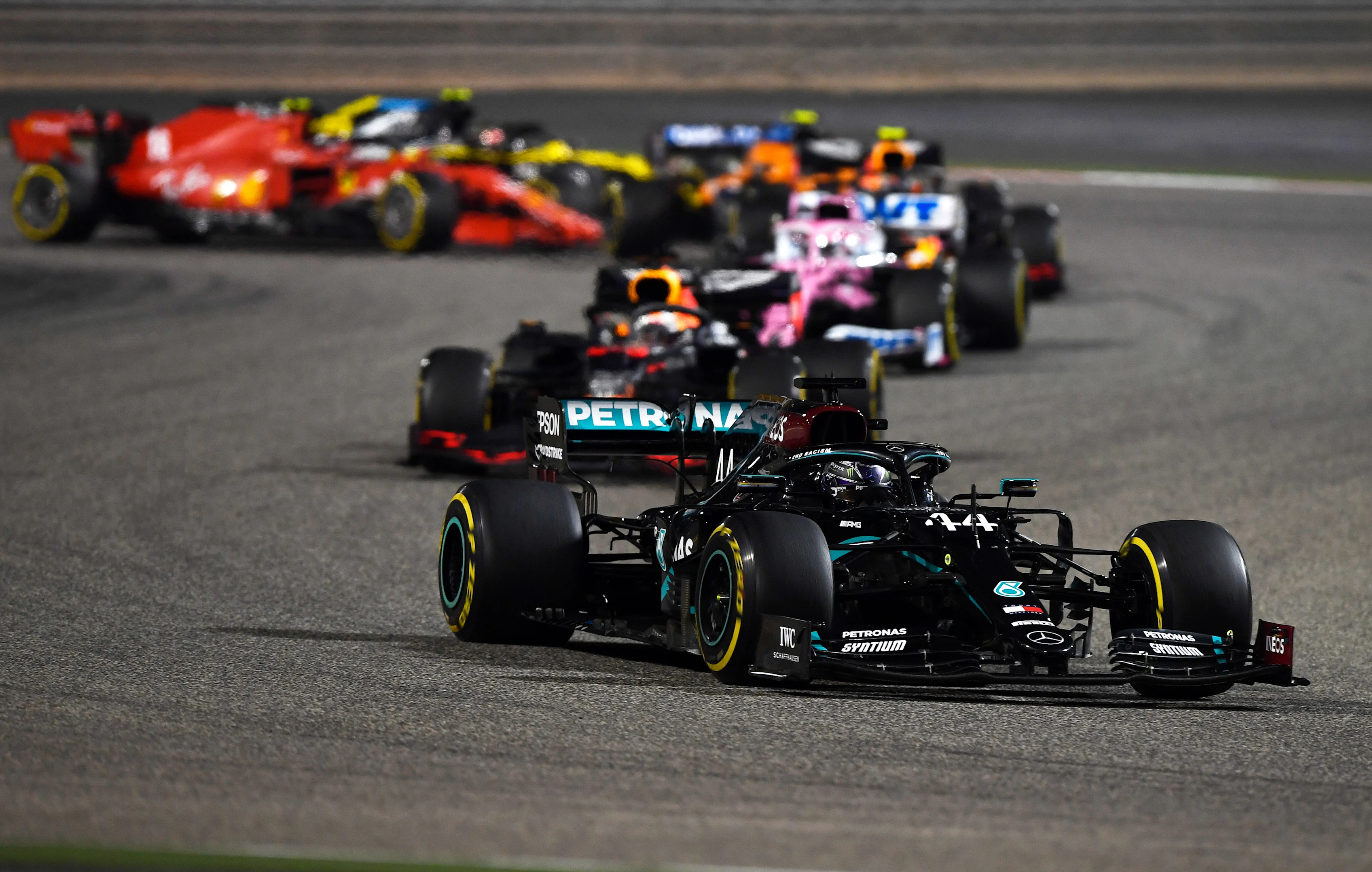 BAHRAIN, BAHRAIN - NOVEMBER 29: Lewis Hamilton of Great Britain driving the (44) Mercedes AMG