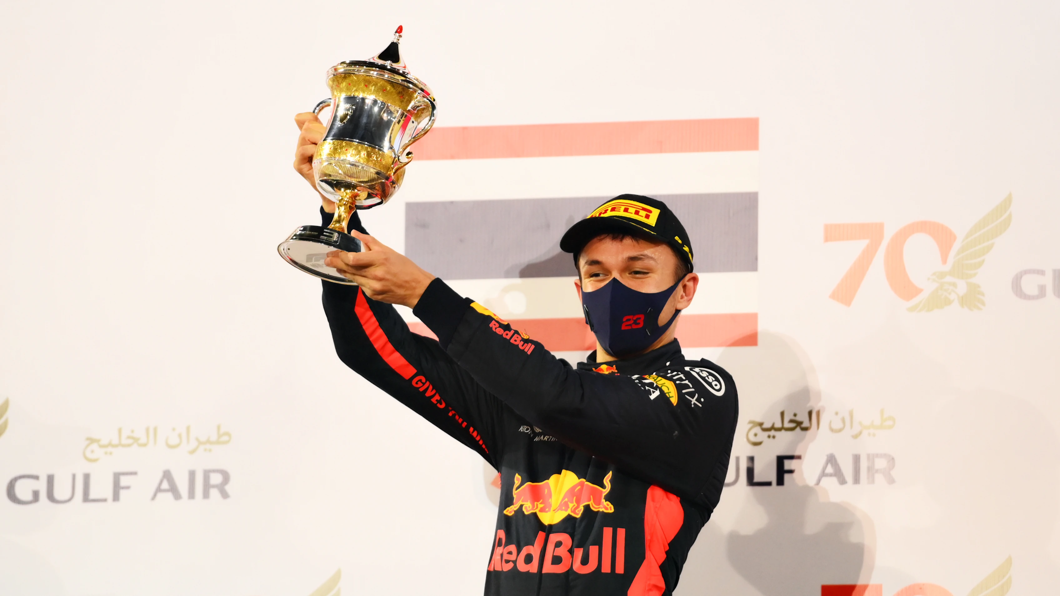 BAHRAIN, BAHRAIN - NOVEMBER 29: Third placed Alexander Albon of Thailand and Red Bull Racing