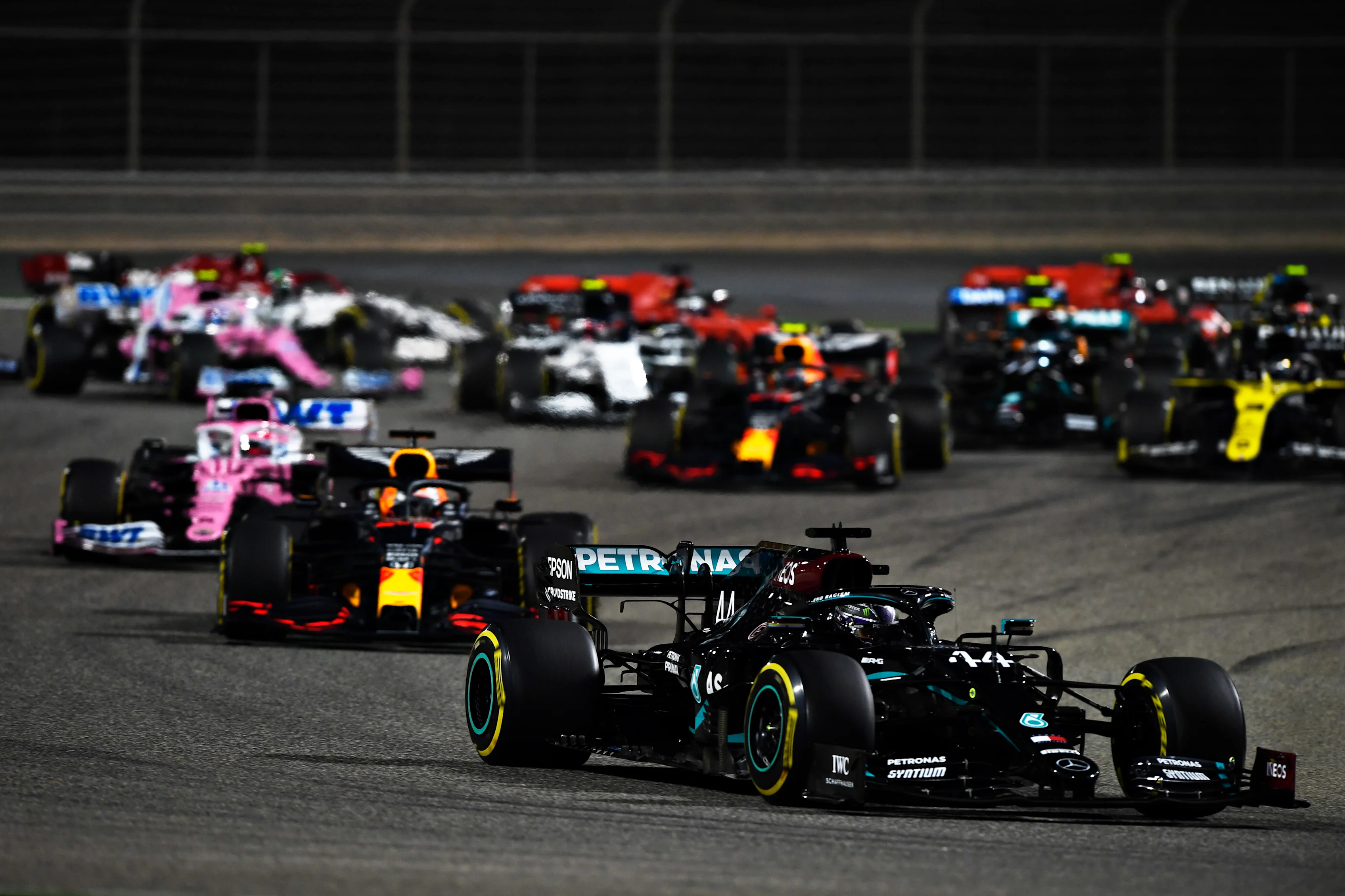 BAHRAIN, BAHRAIN - NOVEMBER 29: Lewis Hamilton of Great Britain driving the (44) Mercedes AMG