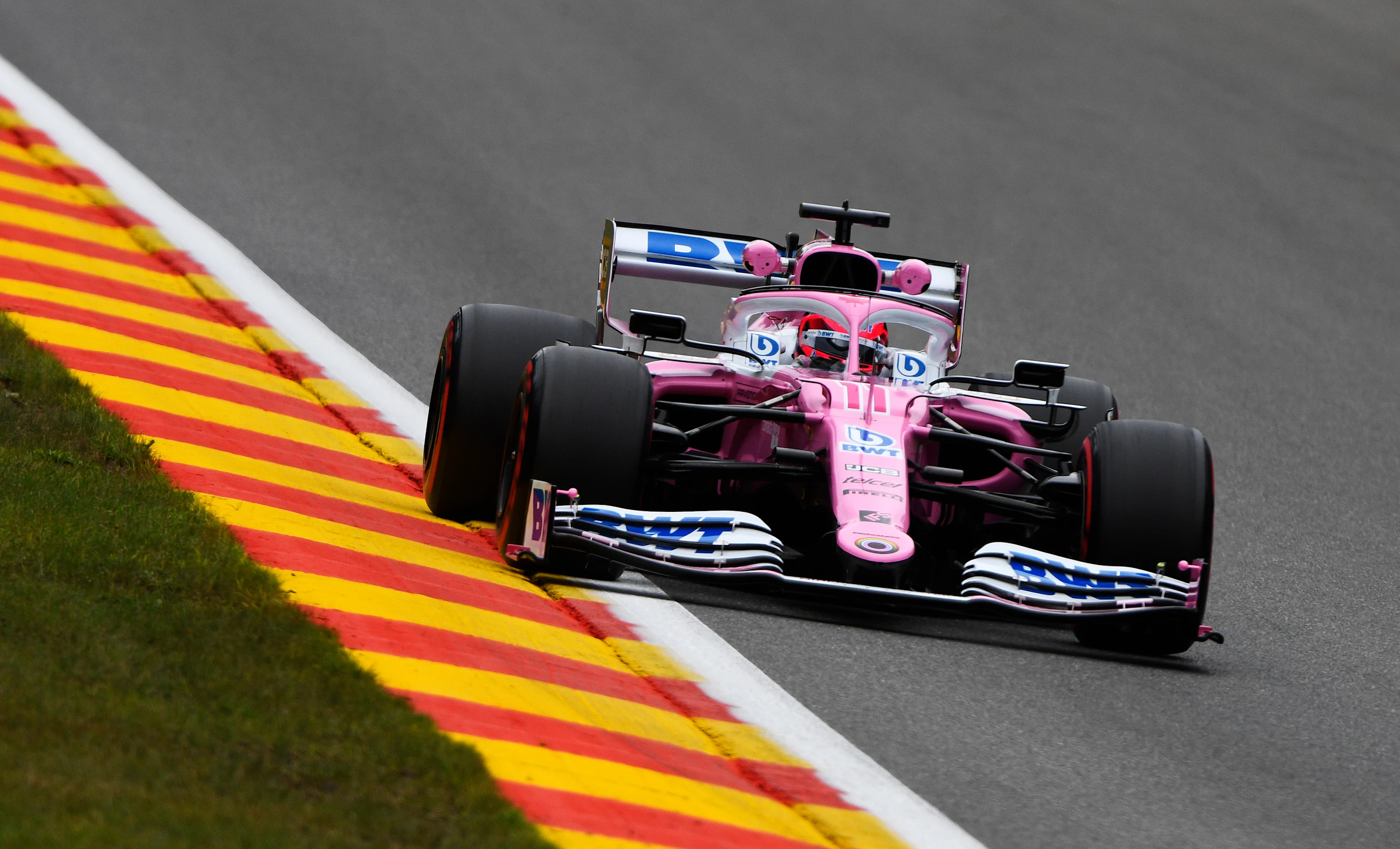 SPA, BELGIUM - AUGUST 28: Sergio Perez of Mexico driving the (11) Racing Point RP20 Mercedes drives during practice for the F1 Grand Prix of Belgium at Circuit de Spa-Francorchamps on August 28, 2020 in Spa, Belgium. (Photo by Rudy Carezzevoli/Getty Images)