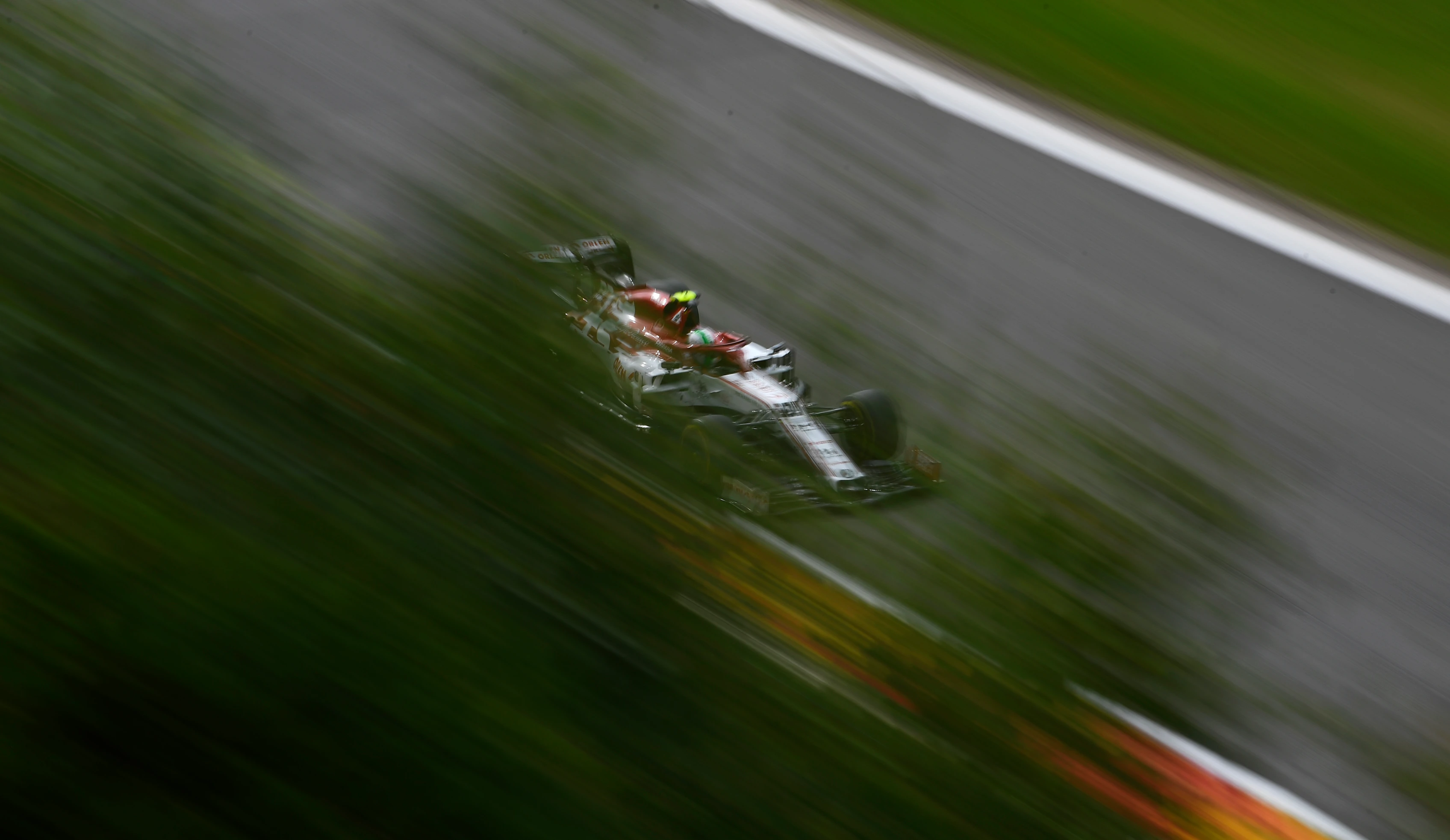 SPA, BELGIUM - AUGUST 28: Antonio Giovinazzi of Italy driving the (99) Alfa Romeo Racing C39 Ferrari drives during practice for the F1 Grand Prix of Belgium at Circuit de Spa-Francorchamps on August 28, 2020 in Spa, Belgium. (Photo by Rudy Carezzevoli/Getty Images)