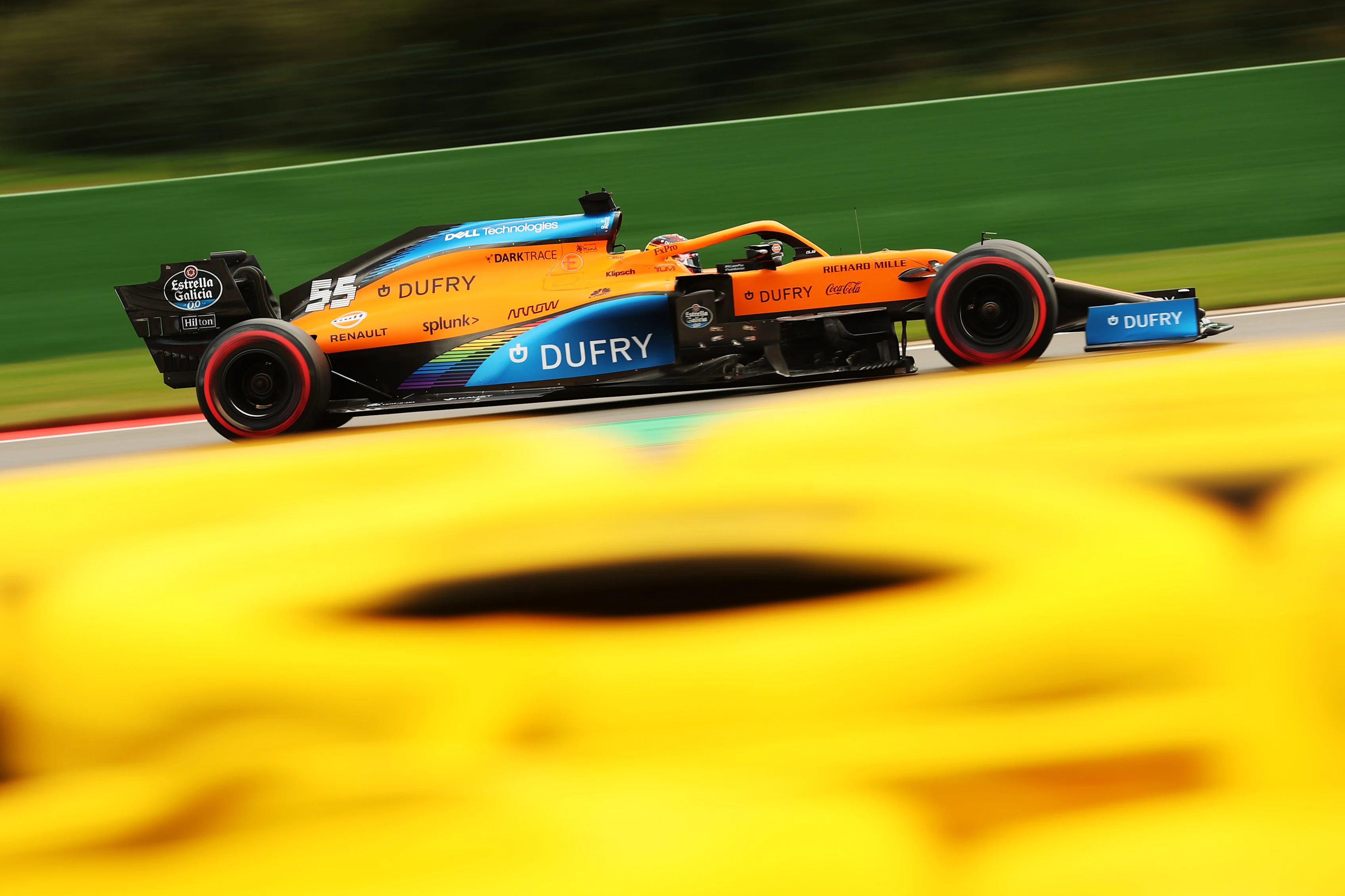 SPA, BELGIUM - AUGUST 29: Carlos Sainz of Spain driving the (55) McLaren F1 Team MCL35 Renault drives on track during final practice for the F1 Grand Prix of Belgium at Circuit de Spa-Francorchamps on August 29, 2020 in Spa, Belgium. (Photo by Francisco Seco/Pool via Getty Images)