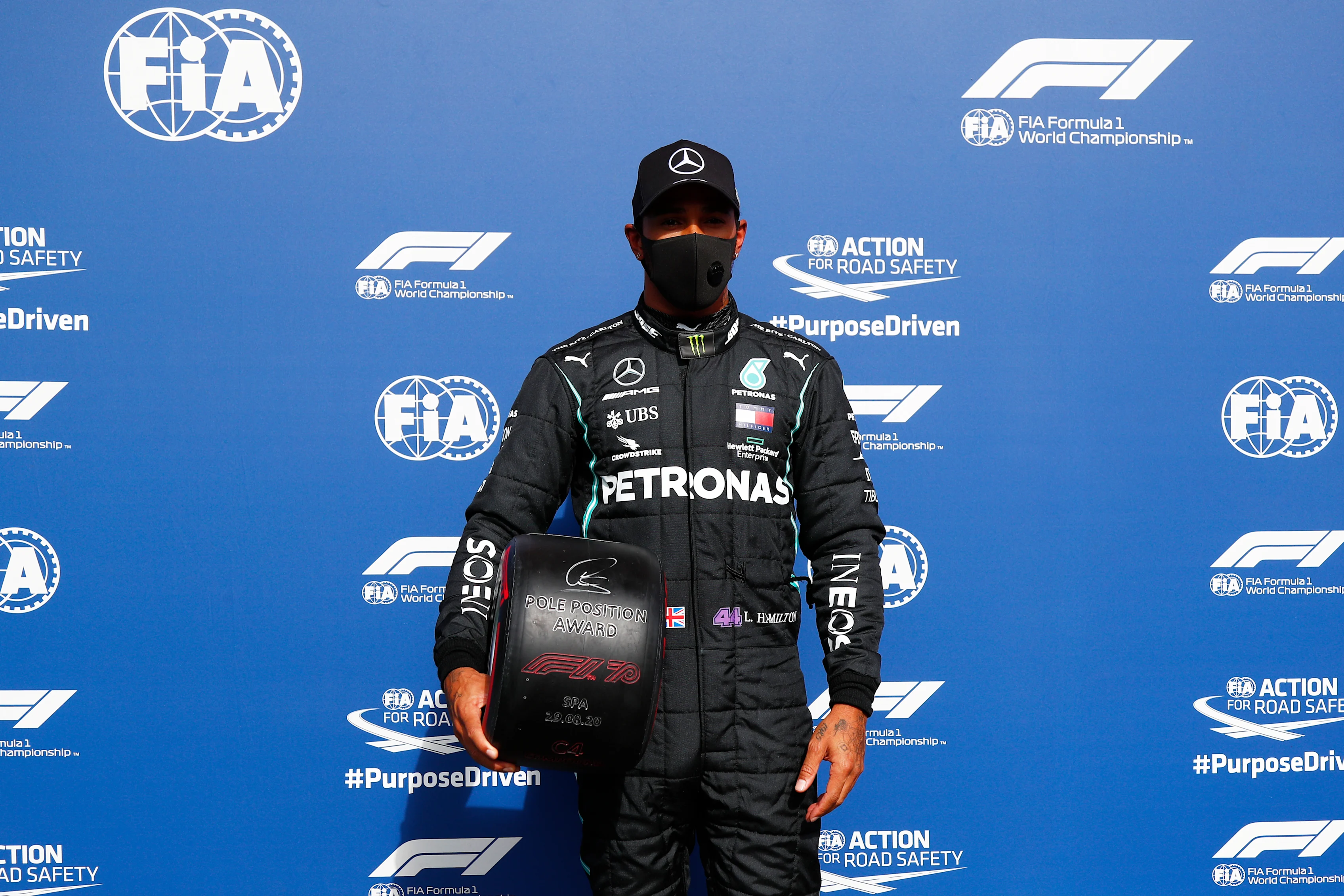 SPA, BELGIUM - AUGUST 29: Pole position qualifier Lewis Hamilton of Great Britain and Mercedes GP celebrates in parc ferme  during qualifying for the F1 Grand Prix of Belgium at Circuit de Spa-Francorchamps on August 29, 2020 in Spa, Belgium. (Photo by Francois Lenoir/Pool via Getty Images)