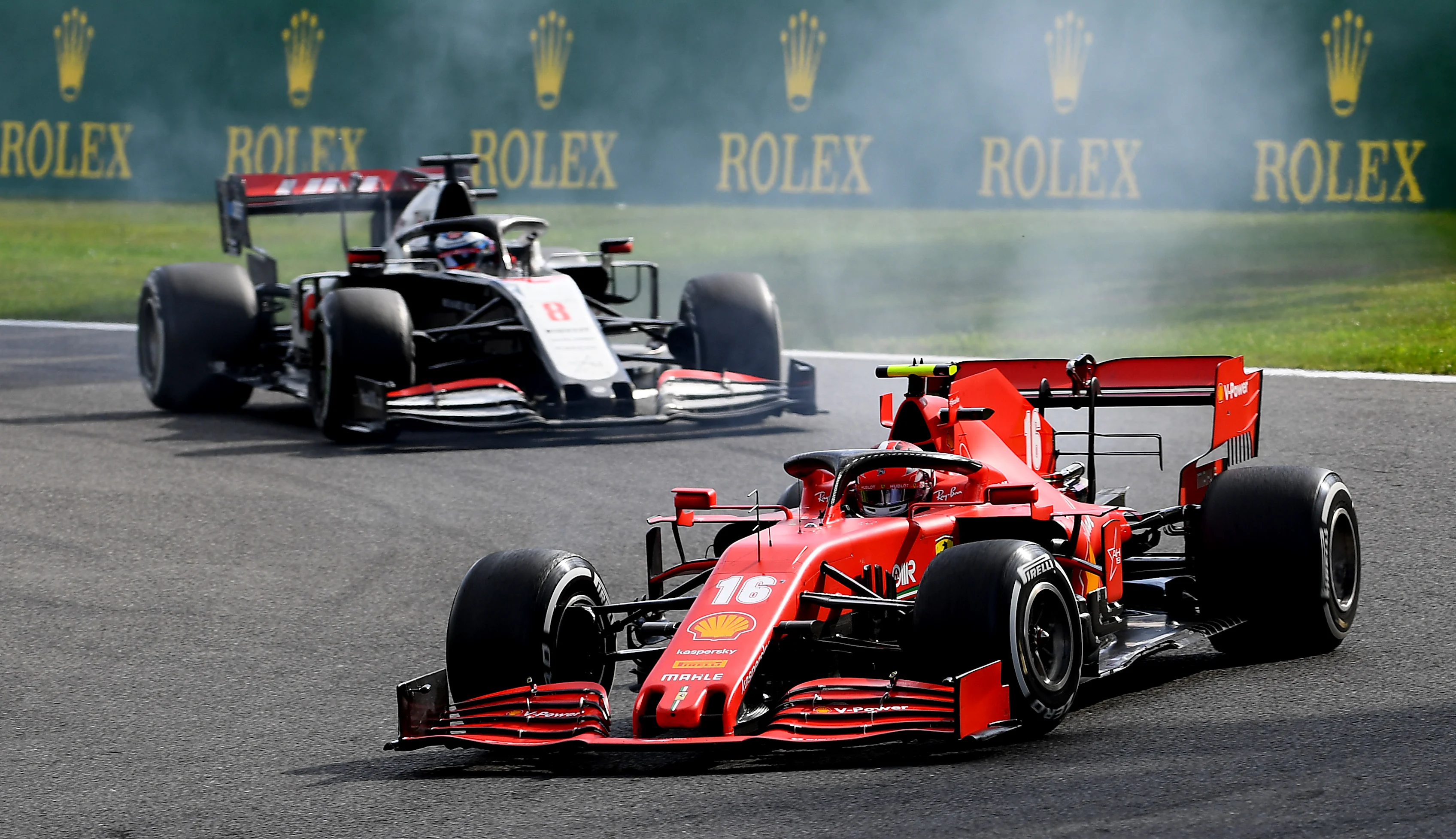 SPA, BELGIUM - AUGUST 30: Charles Leclerc of Monaco driving the (16) Scuderia Ferrari SF1000 leads