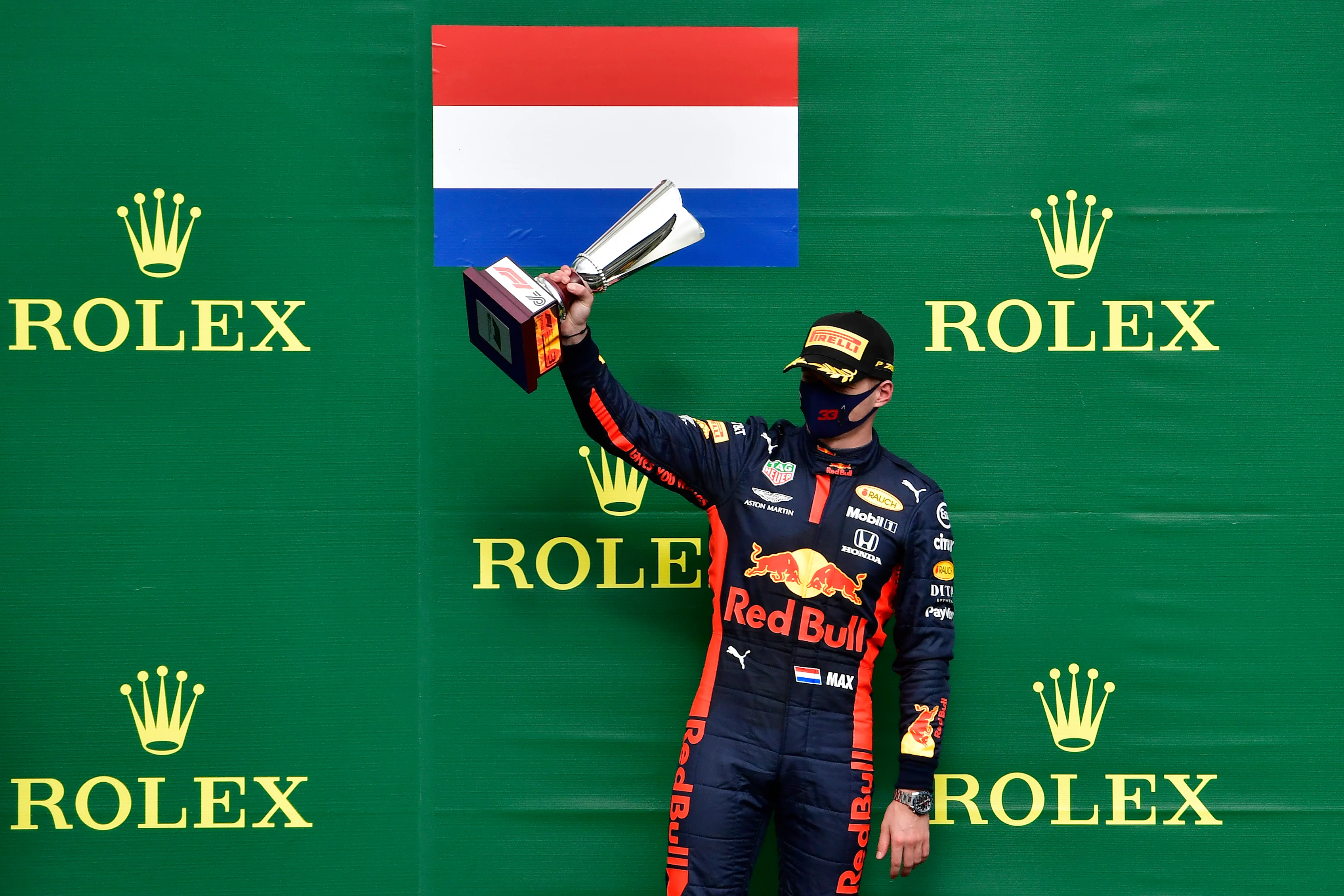 SPA, BELGIUM - AUGUST 30: Third placed Max Verstappen of Netherlands and Red Bull Racing celebrates on the podium during the F1 Grand Prix of Belgium at Circuit de Spa-Francorchamps on August 30, 2020 in Spa, Belgium. (Photo by John Thuys/Pool via Getty Images)