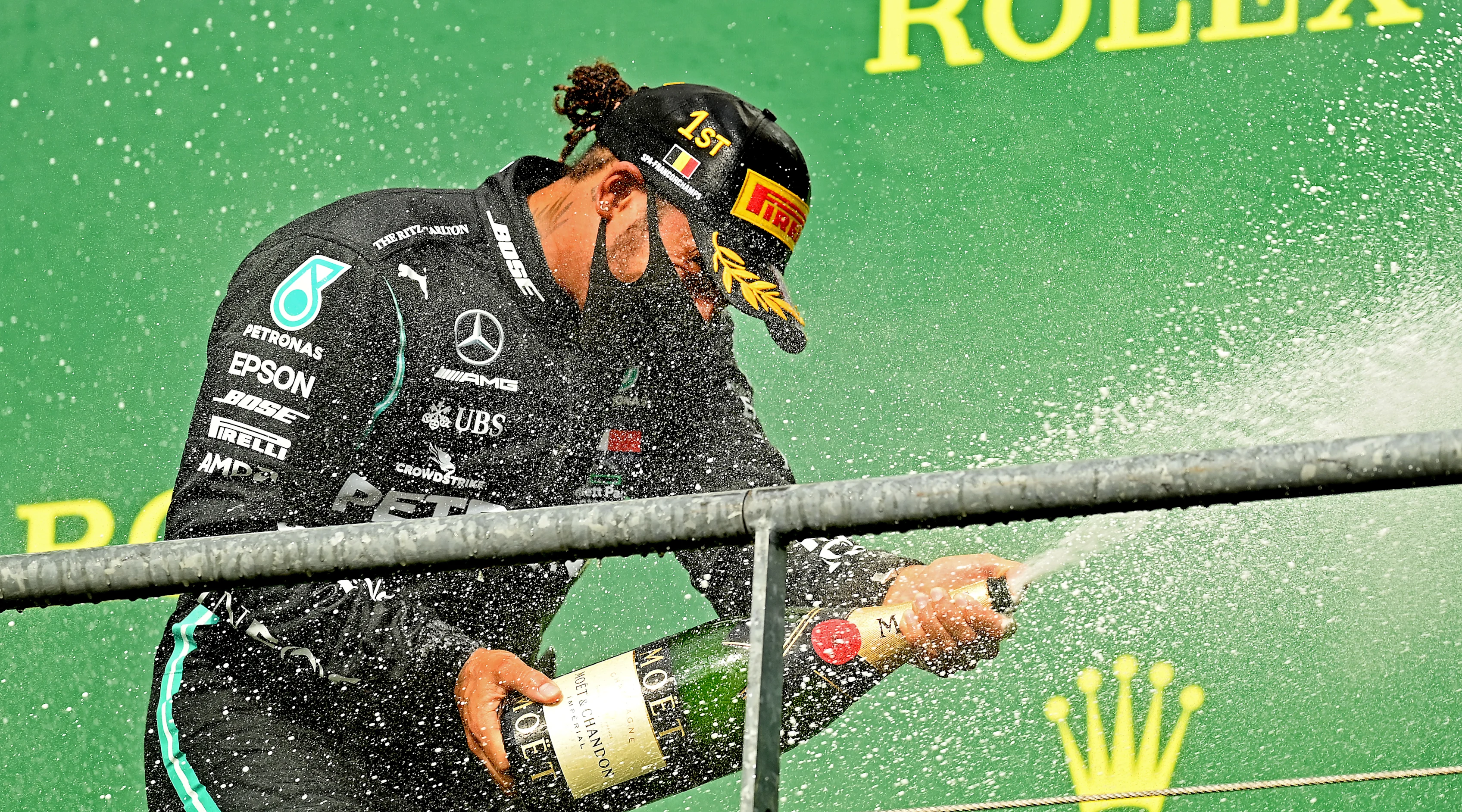 SPA, BELGIUM - AUGUST 30: Race winner Lewis Hamilton of Great Britain and Mercedes GP celebrates on