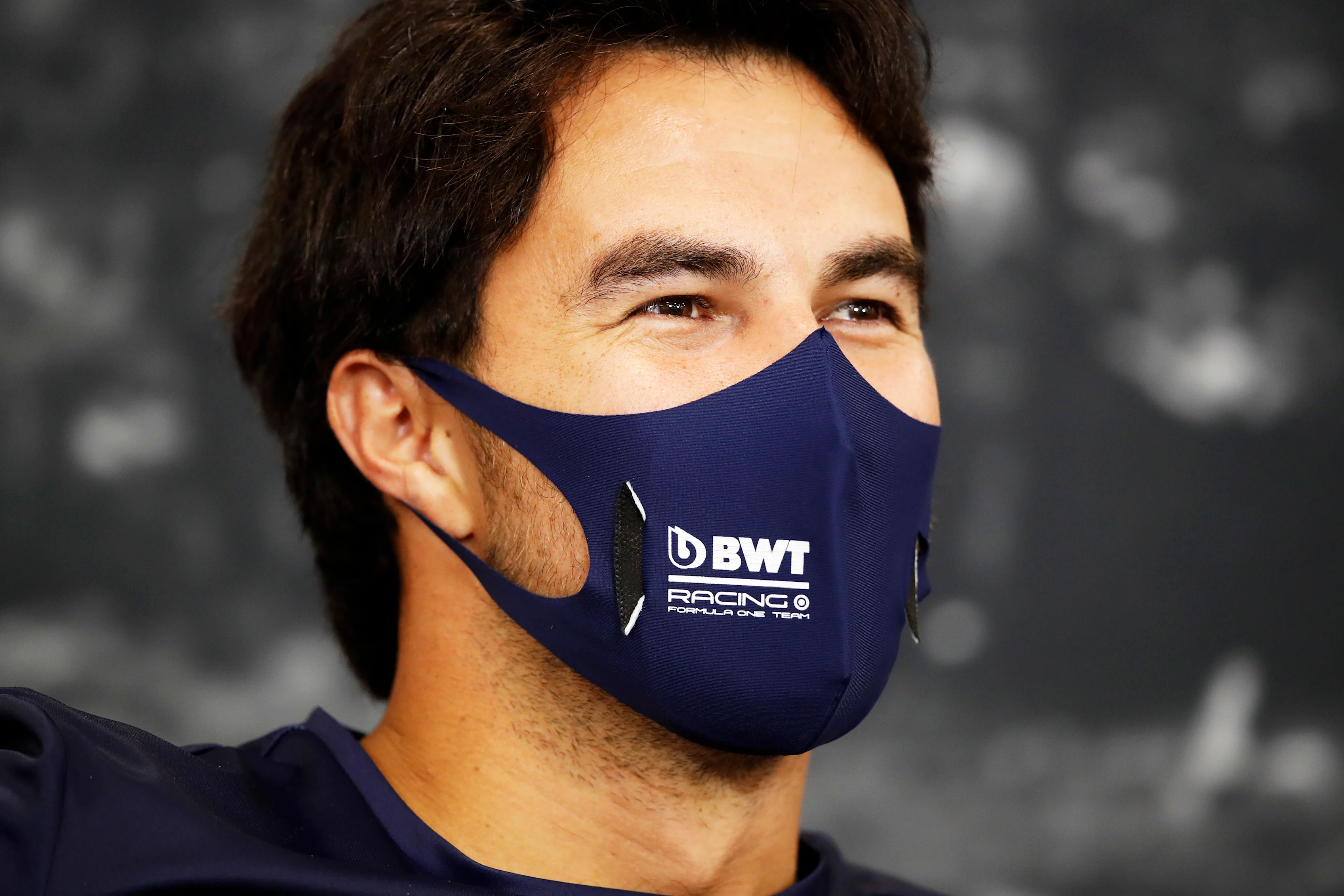 SPA, BELGIUM - AUGUST 27: Sergio Perez of Mexico and Racing Point talks in the Drivers Press