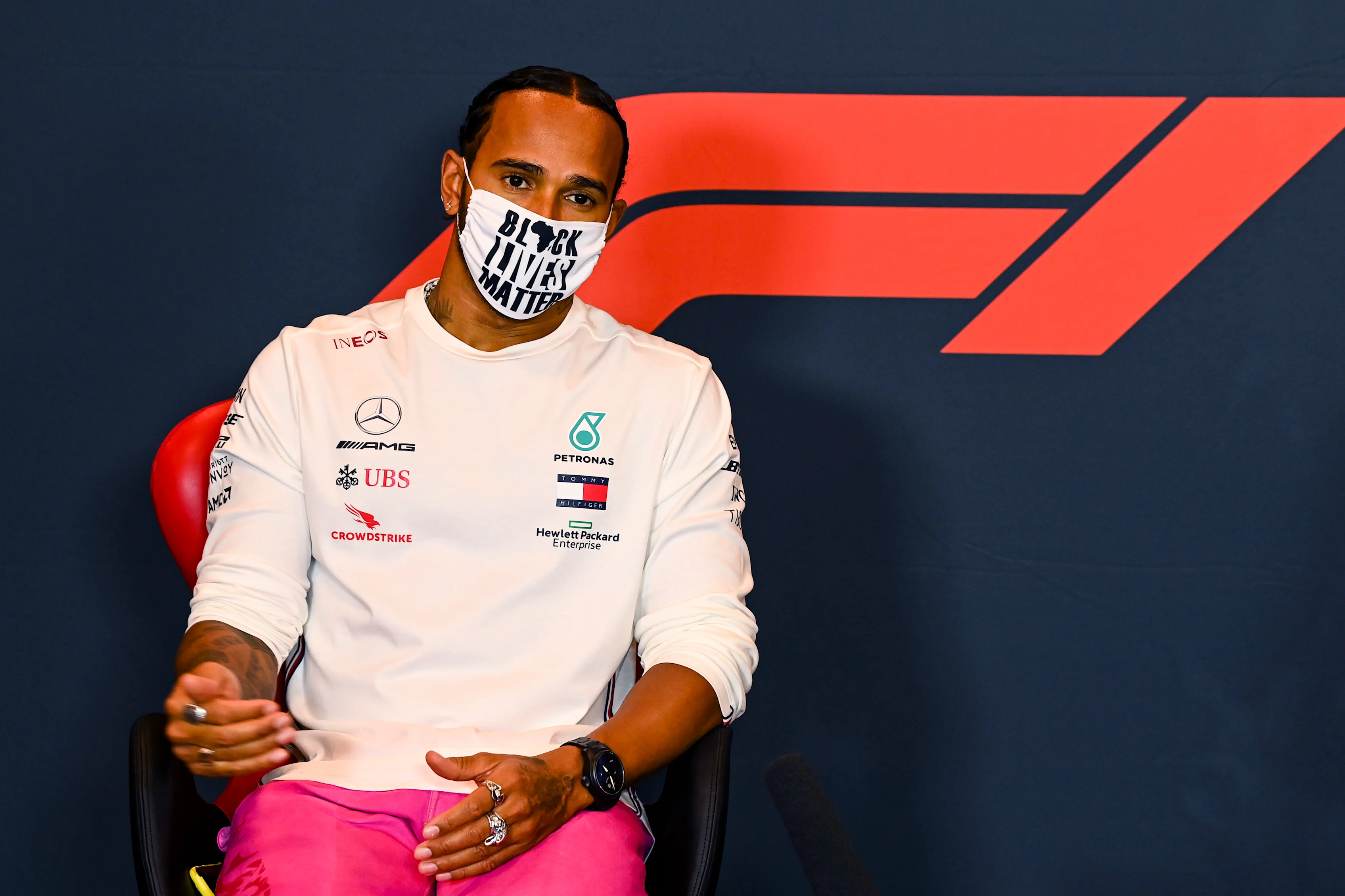 IMOLA, ITALY - OCTOBER 30: Lewis Hamilton of Great Britain and Mercedes GP talks in the Drivers