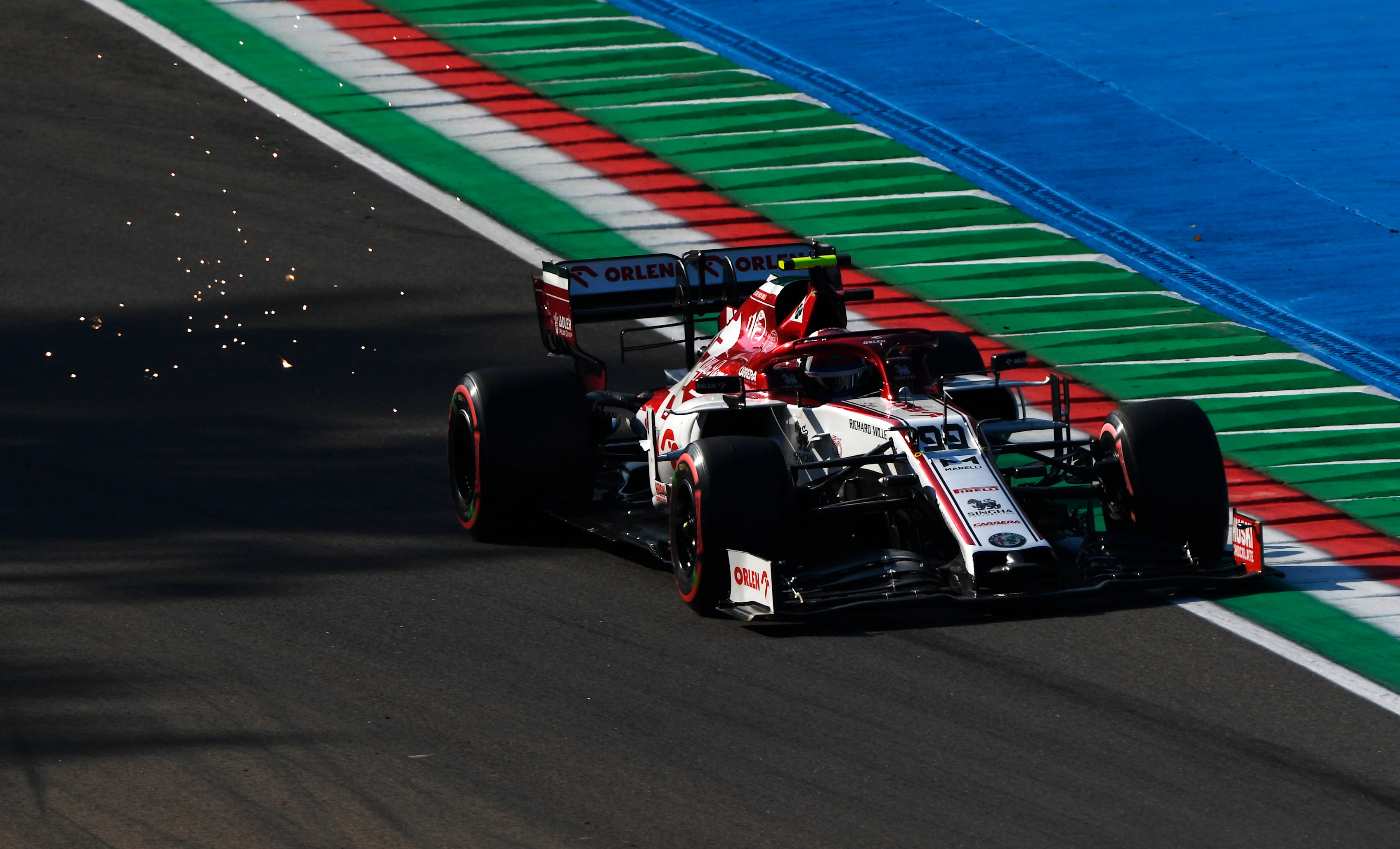 IMOLA, ITALY - OCTOBER 31: Antonio Giovinazzi of Italy driving the (99) Alfa Romeo Racing C39 Ferrari on track during practice ahead of the F1 Grand Prix of Emilia Romagna at Autodromo Enzo e Dino Ferrari on October 31, 2020 in Imola, Italy. (Photo by Rudy Carezzevoli/Getty Images)
