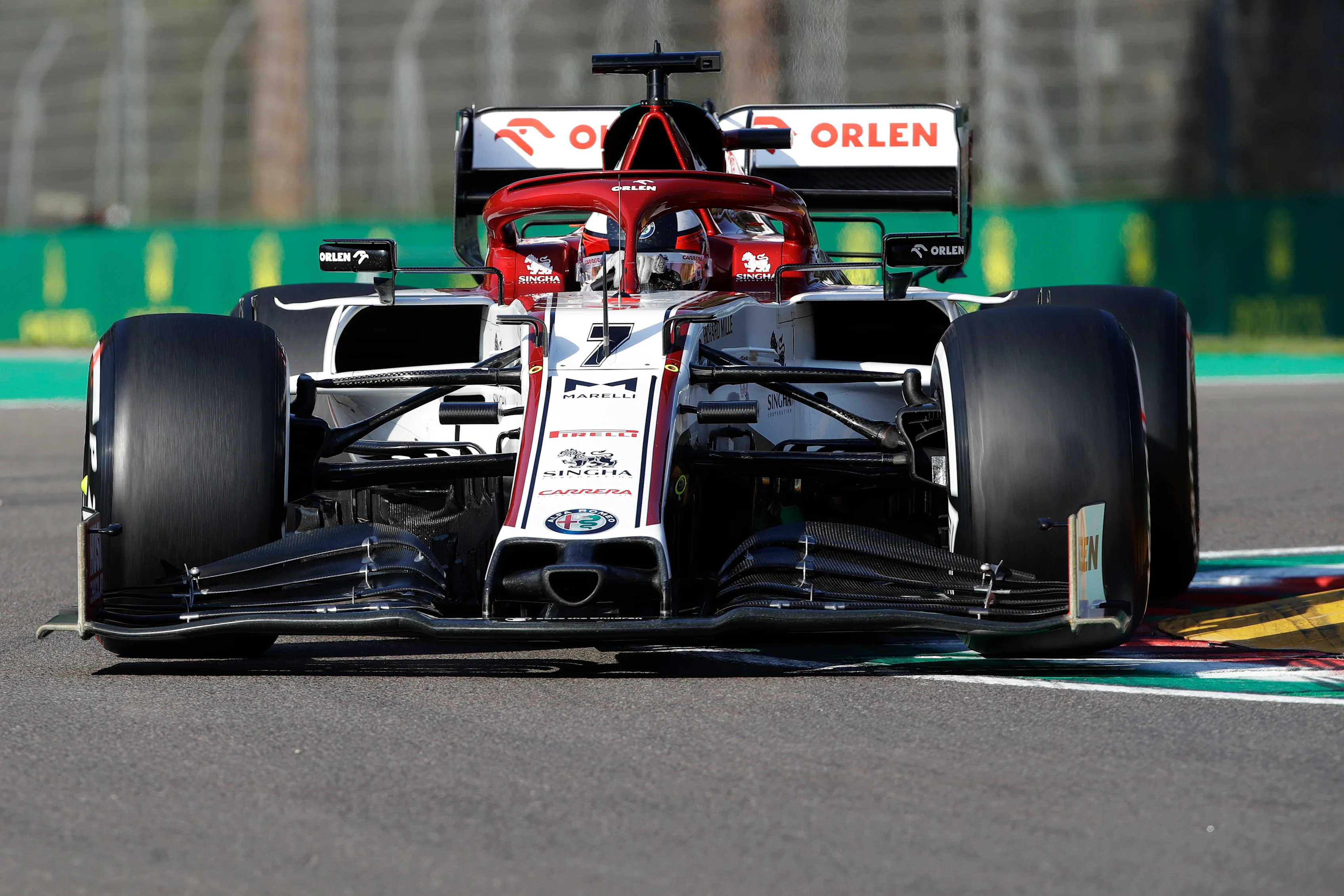 IMOLA, ITALY - OCTOBER 31: Kimi Raikkonen of Finland driving the (7) Alfa Romeo Racing C39 Ferrari