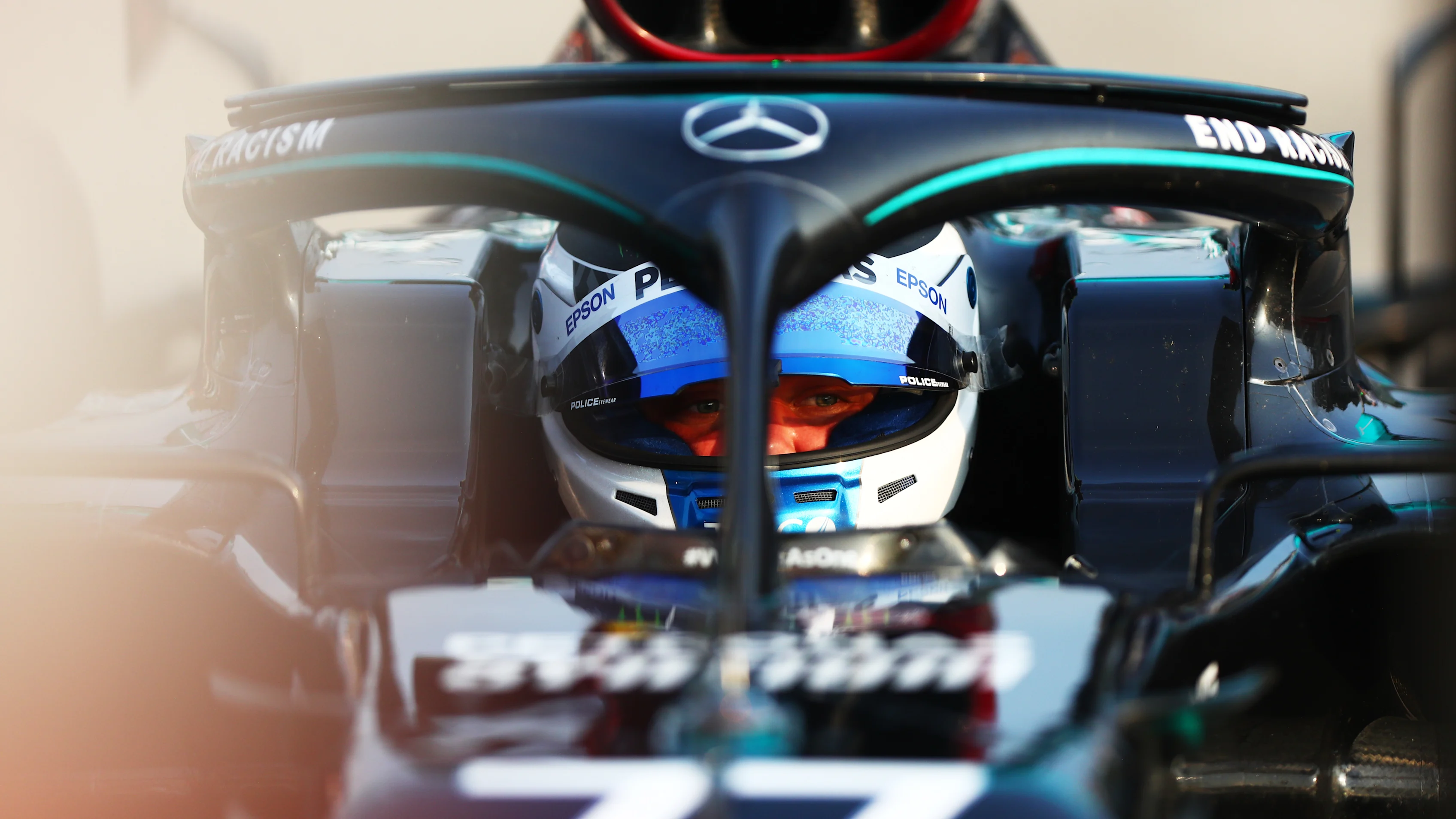 IMOLA, ITALY - OCTOBER 31: Pole position qualifier Valtteri Bottas of Finland and Mercedes GP looks on from his car as he arrives in parc ferme during qualifying ahead of the F1 Grand Prix of Emilia Romagna at Autodromo Enzo e Dino Ferrari on October 31, 2020 in Imola, Italy. (Photo by Dan Istitene - Formula 1/Formula 1 via Getty Images)