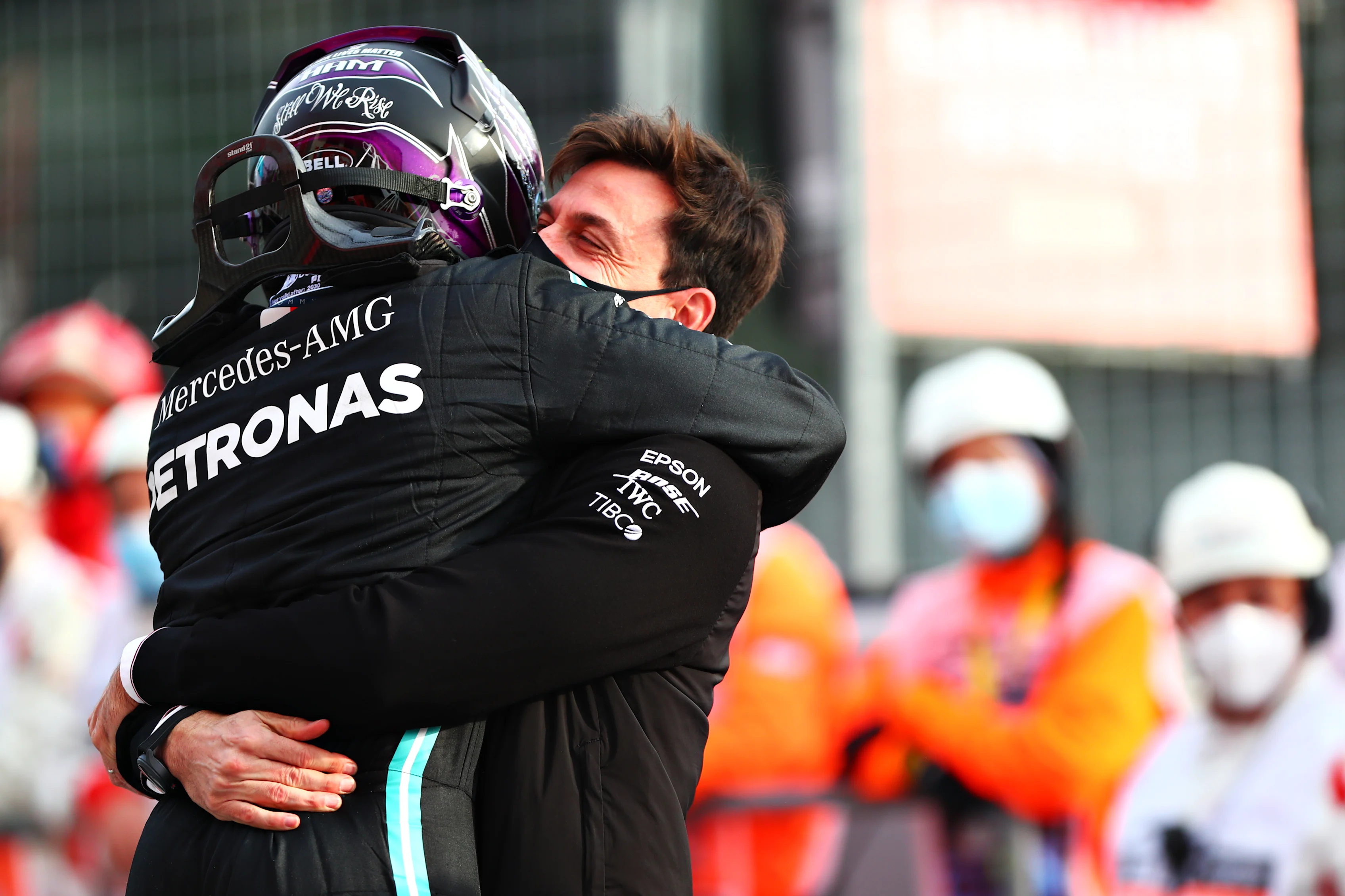 IMOLA, ITALY - NOVEMBER 01: Race winner Lewis Hamilton of Great Britain and Mercedes GP celebrates