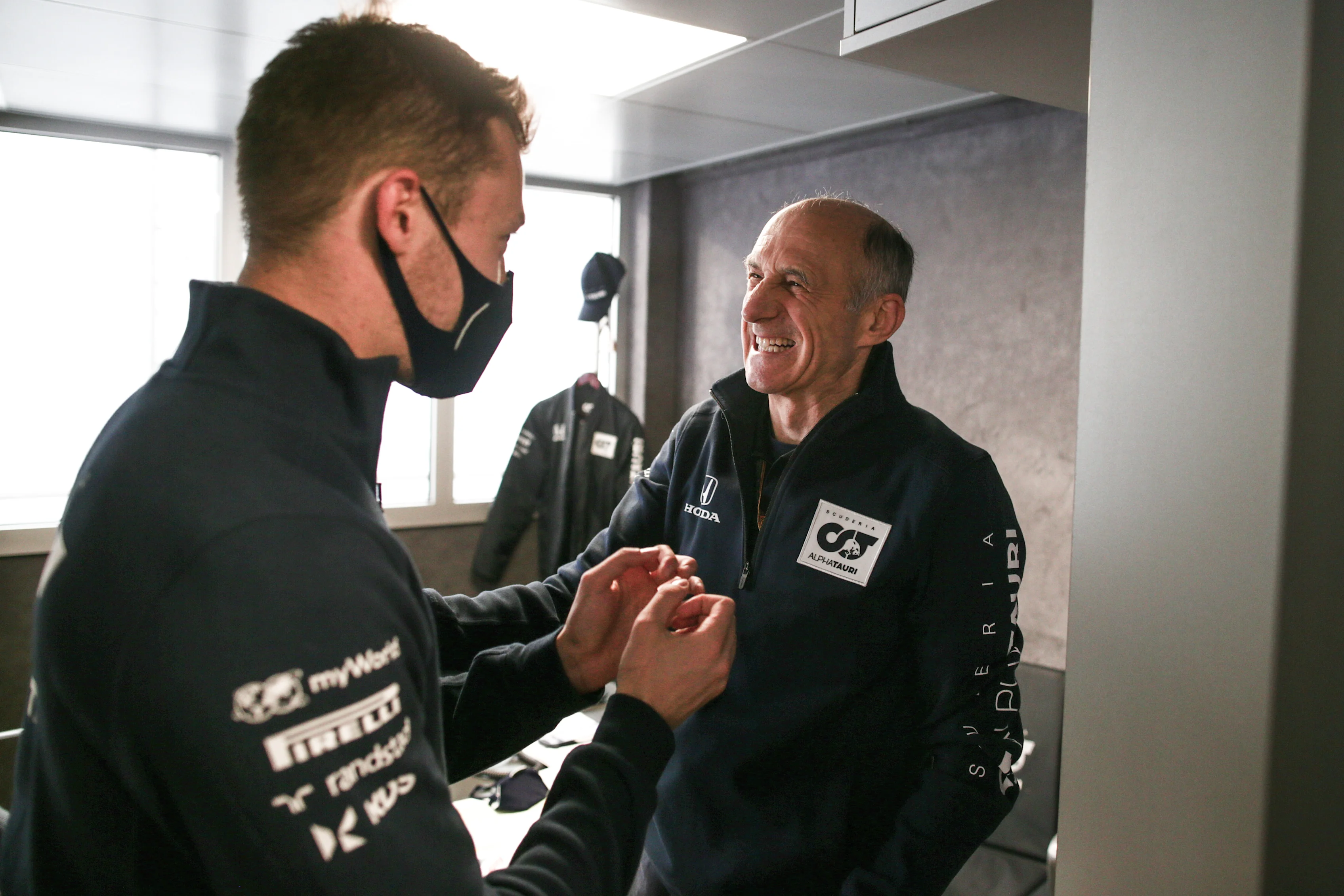 IMOLA, ITALY - NOVEMBER 01: Franz Tost of Scuderia AlphaTauri and Austria congratulates Daniil