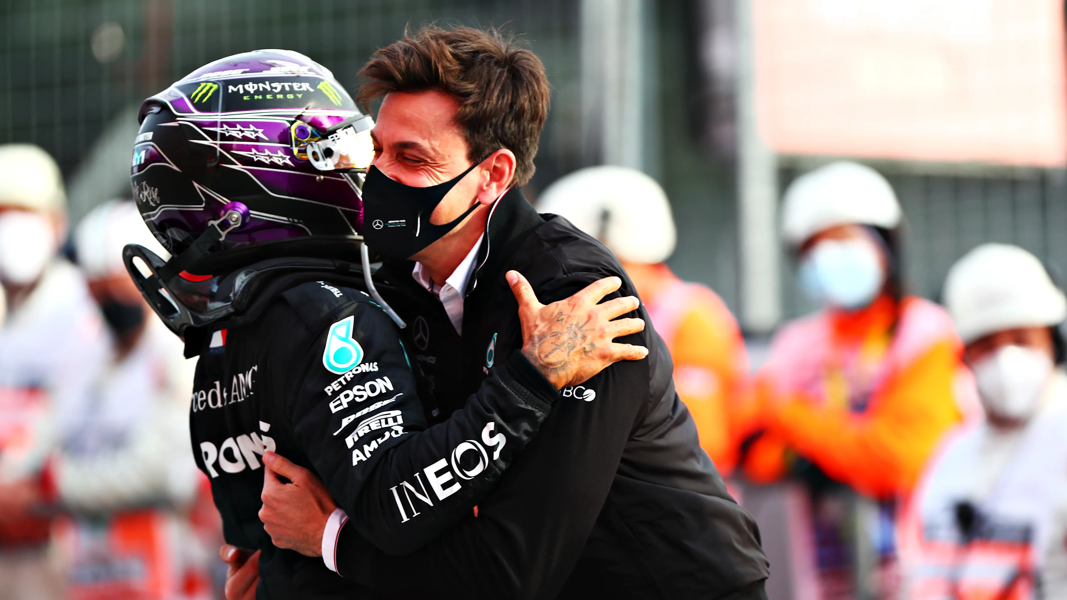 IMOLA, ITALY - NOVEMBER 01: Race winner Lewis Hamilton of Great Britain and Mercedes GP celebrates