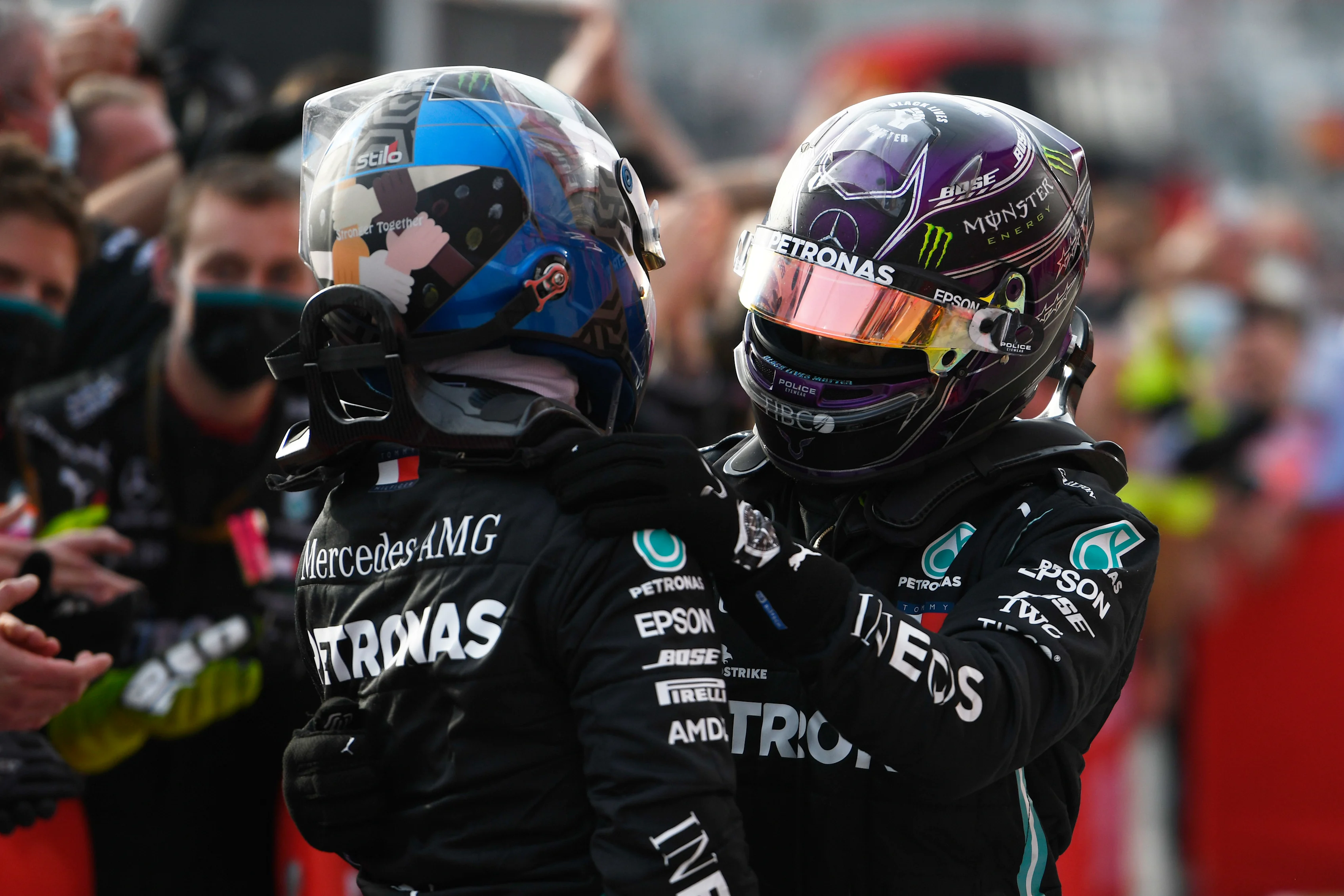 IMOLA, ITALY - NOVEMBER 01: Race winner Lewis Hamilton of Great Britain and Mercedes GP (R)