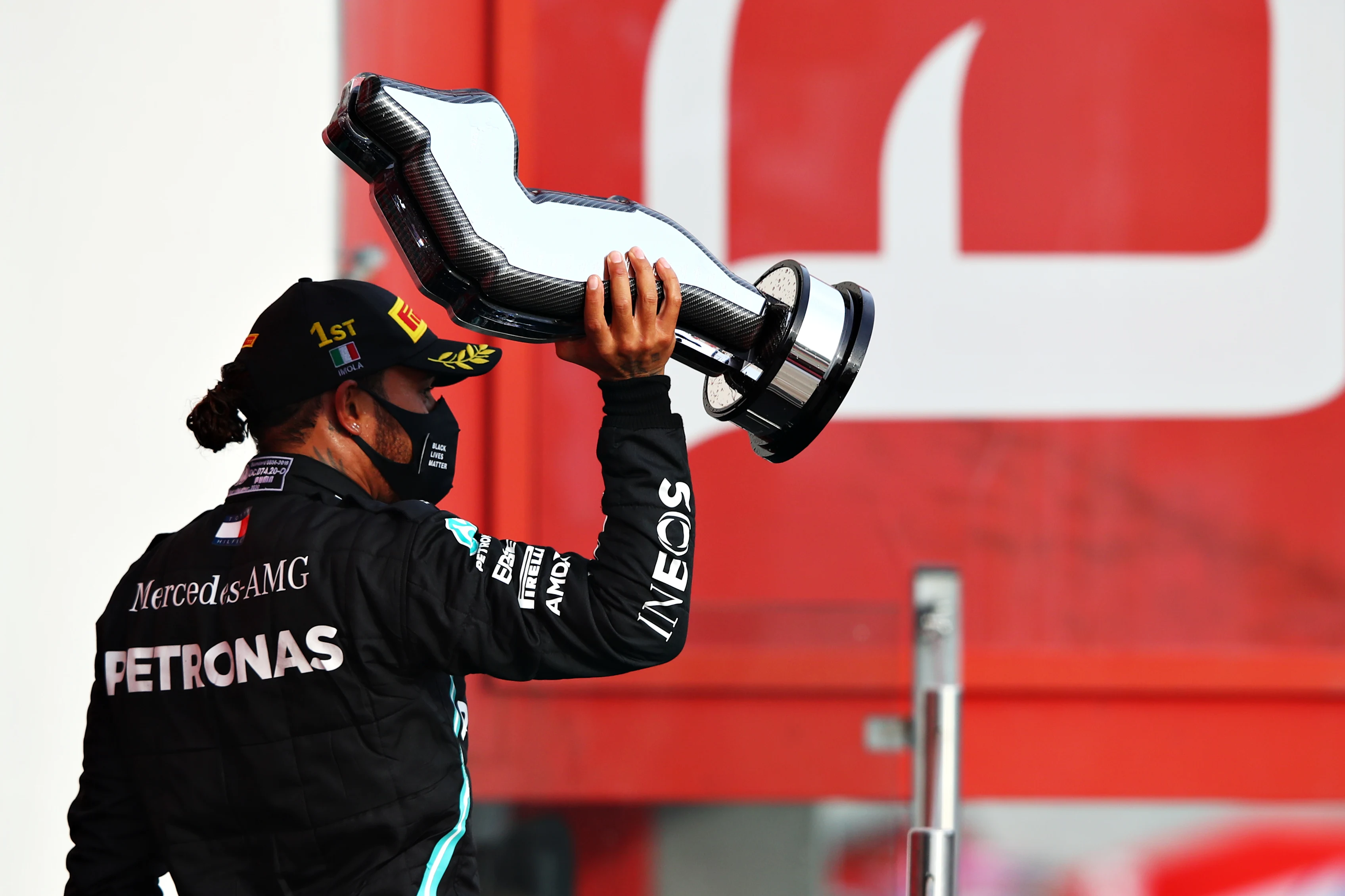 IMOLA, ITALY - NOVEMBER 01: Race winner Lewis Hamilton of Great Britain and Mercedes GP celebrates