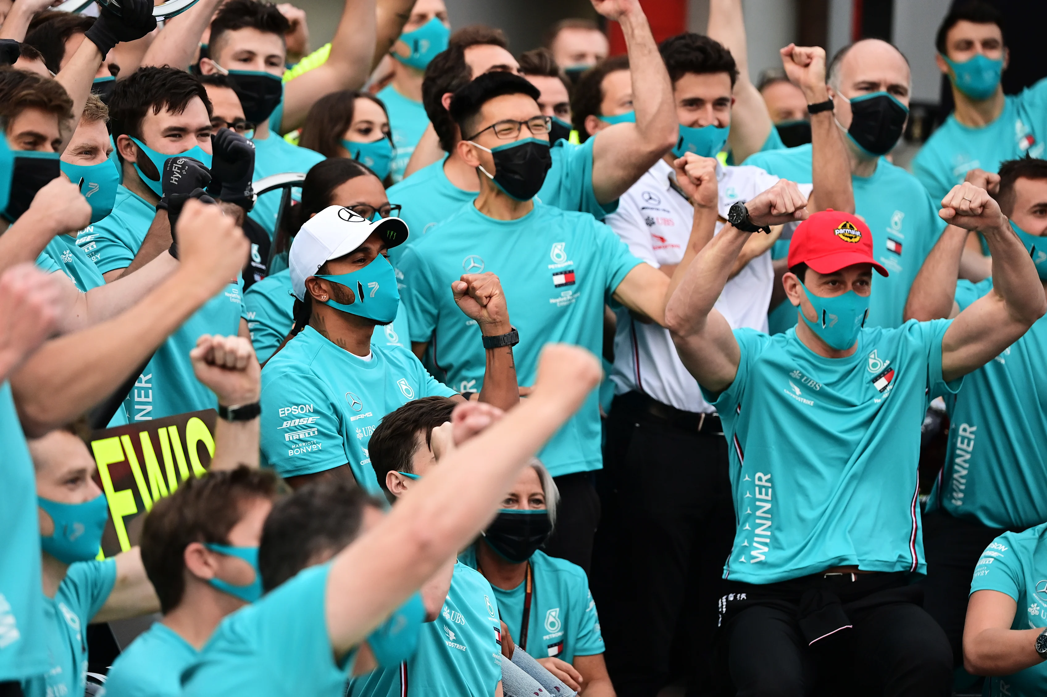 IMOLA, ITALY - NOVEMBER 01: Race winner Lewis Hamilton of Great Britain and Mercedes GP celebrates