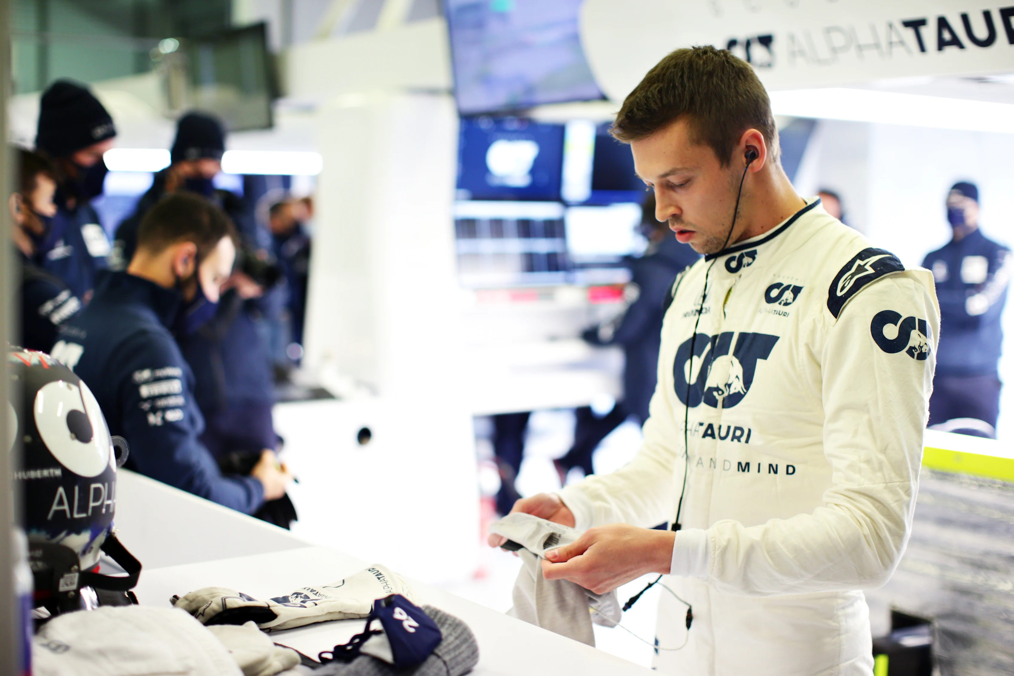 NUERBURG, GERMANY - OCTOBER 09: Daniil Kvyat of Russia and Scuderia AlphaTauri prepares to drive in the garage during practice ahead of the F1 Eifel Grand Prix at Nuerburgring on October 09, 2020 in Nuerburg, Germany. (Photo by Peter Fox/Getty Images)