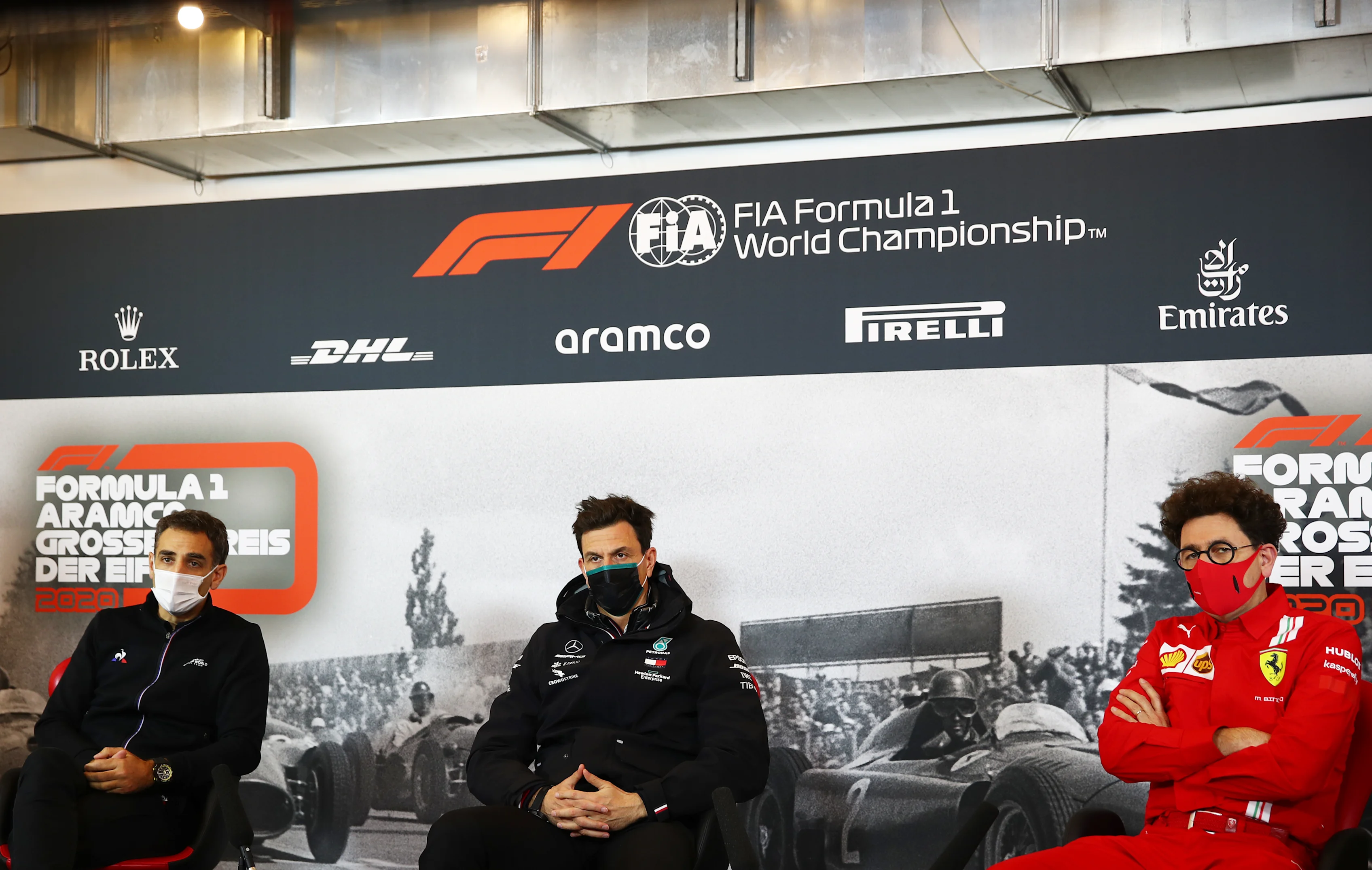 NUERBURG, GERMANY - OCTOBER 09: (L-R) Renault Sport F1 Managing Director Cyril Abiteboul, Mercedes