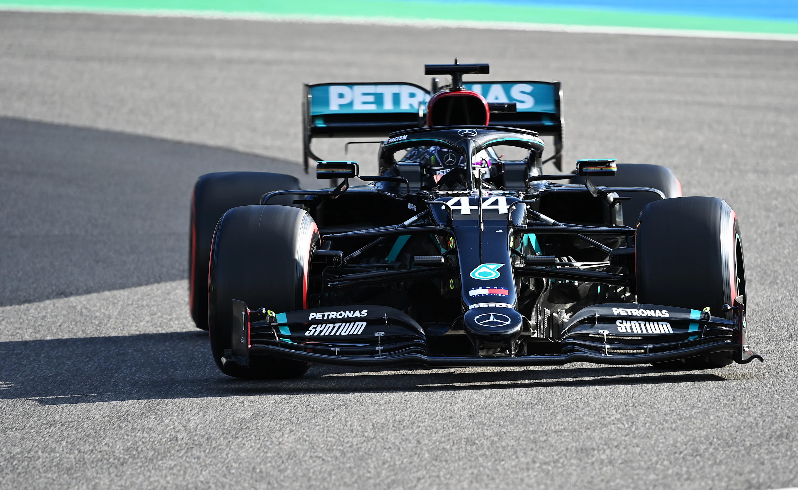 NUERBURG, GERMANY - OCTOBER 10: Lewis Hamilton of Great Britain driving the (44) Mercedes AMG Petronas F1 Team Mercedes W11 on track during qualifying ahead of the F1 Eifel Grand Prix at Nuerburgring on October 10, 2020 in Nuerburg, Germany. (Photo by Ina Fassbender - Pool/Getty Images)