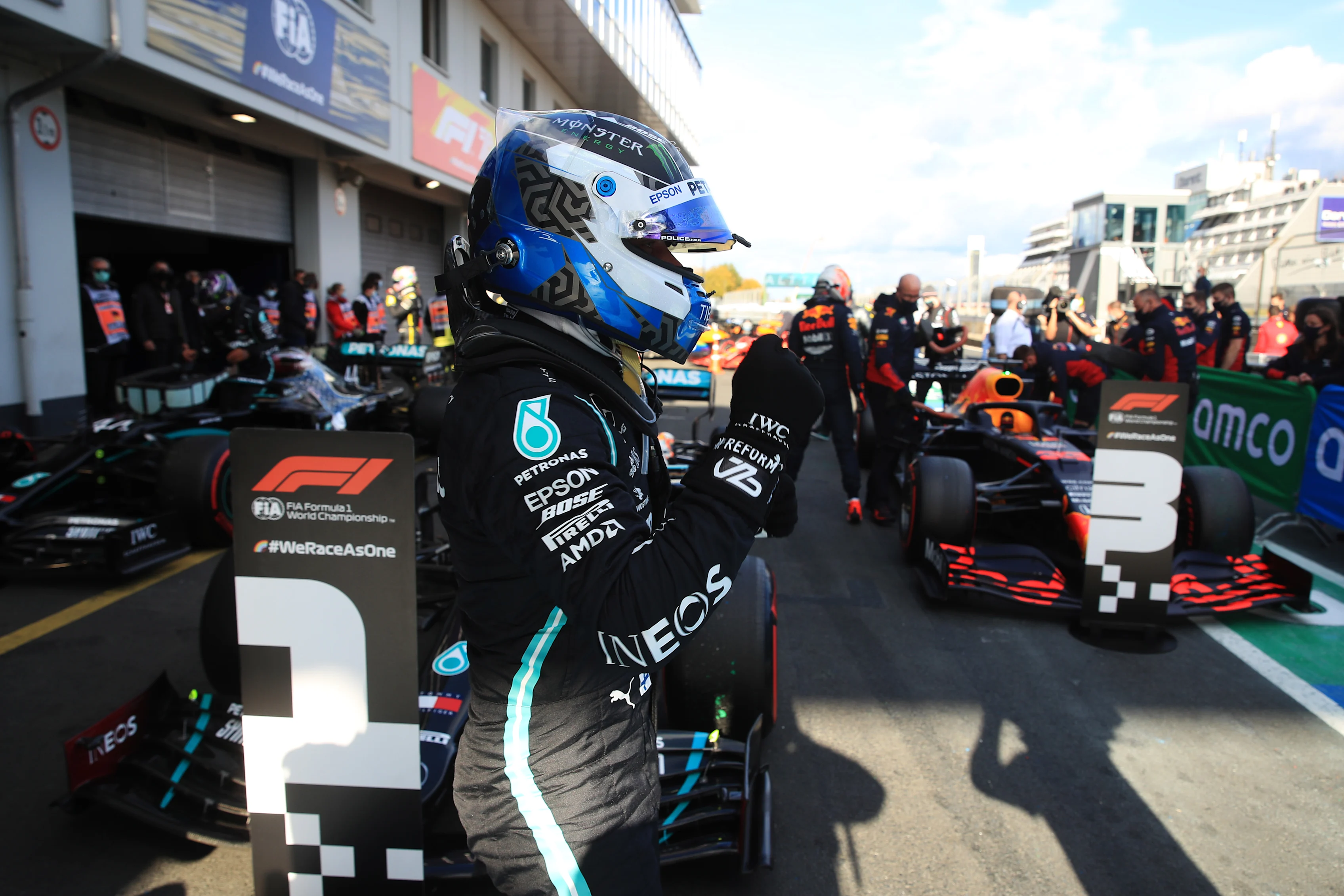 NUERBURG, GERMANY - OCTOBER 10: Pole position qualifier Valtteri Bottas of Finland and Mercedes GP