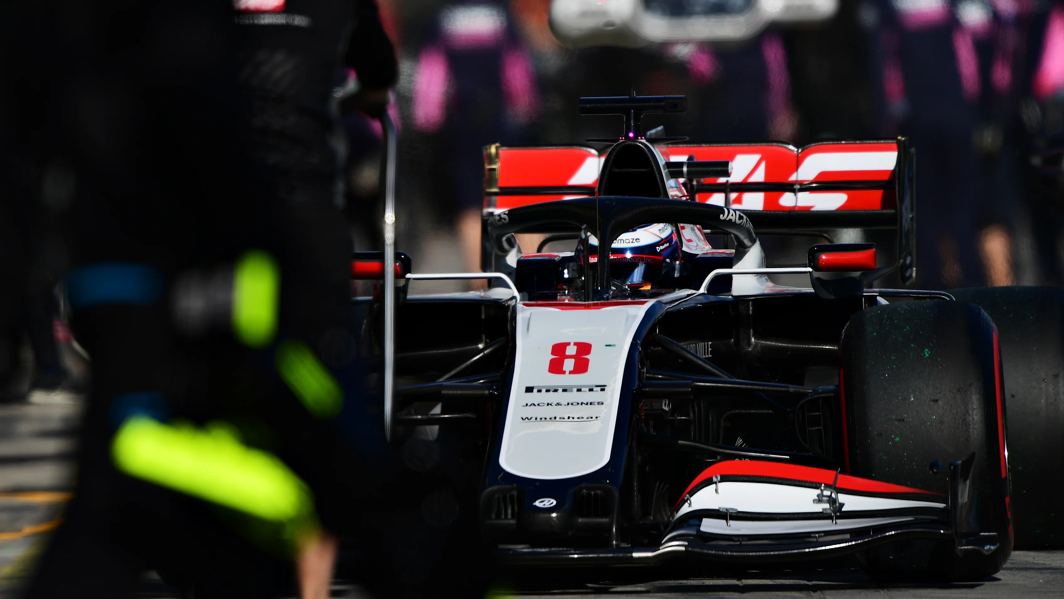 NUERBURG, GERMANY - OCTOBER 10: Romain Grosjean of France driving the (8) Haas F1 Team VF-20 Ferrari stops in the Pitlane during qualifying ahead of the F1 Eifel Grand Prix at Nuerburgring on October 10, 2020 in Nuerburg, Germany. (Photo by Mario Renzi - Formula 1/Formula 1 via Getty Images)