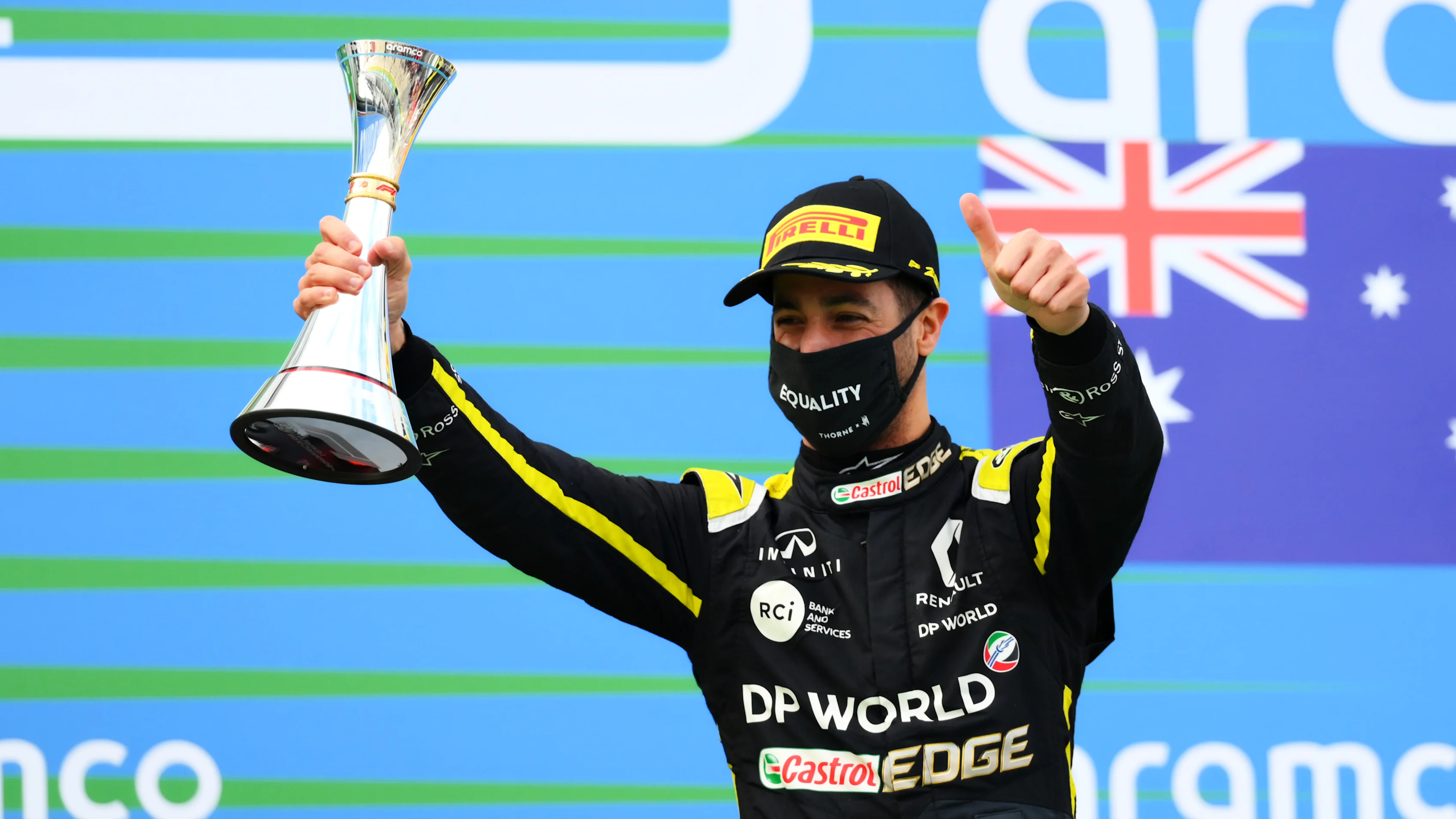 NUERBURG, GERMANY - OCTOBER 11: Third placed Daniel Ricciardo of Australia and Renault Sport F1
