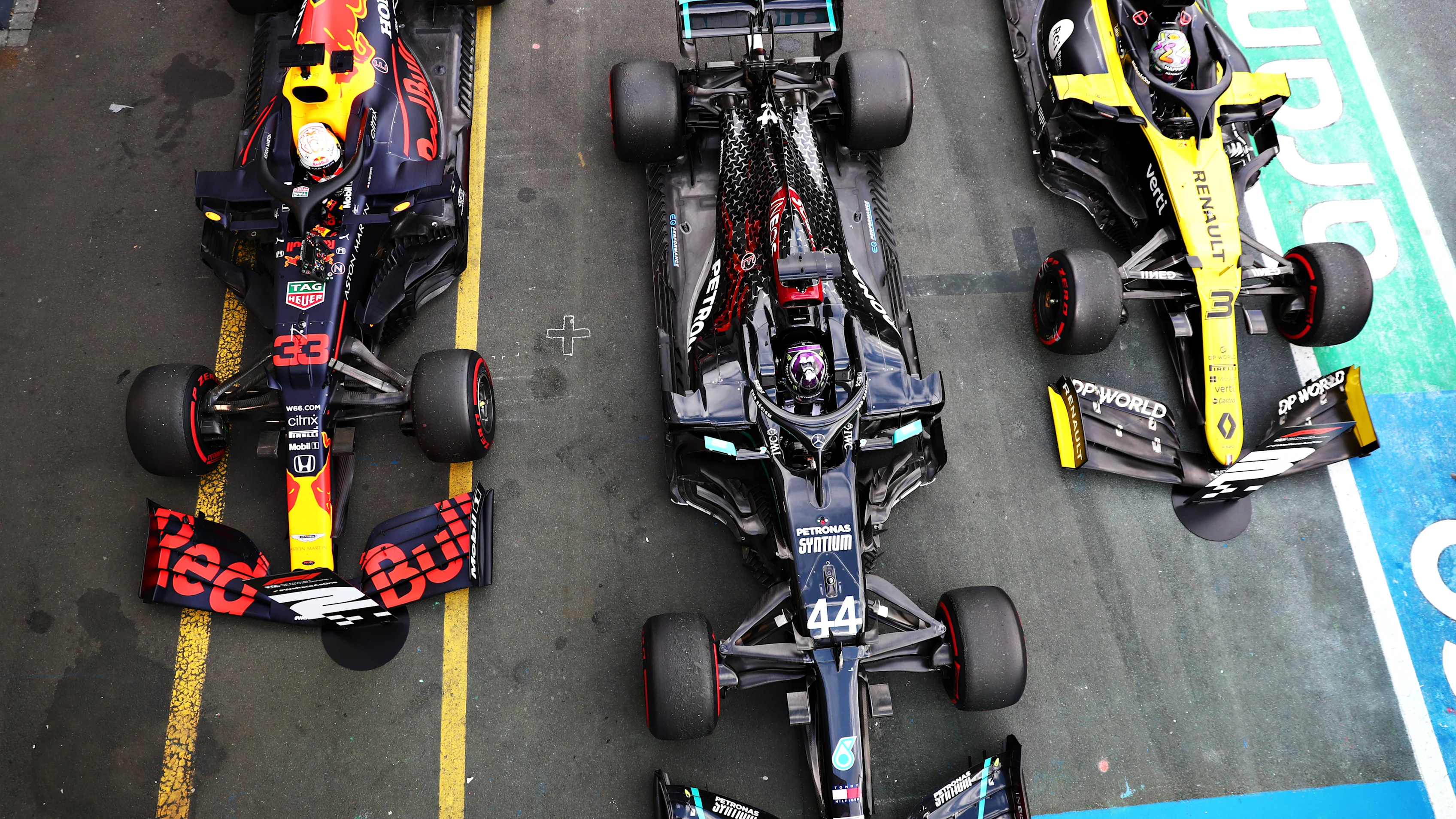 NUERBURG, GERMANY - OCTOBER 11: A general view of parc ferme with race winner Lewis Hamilton of
