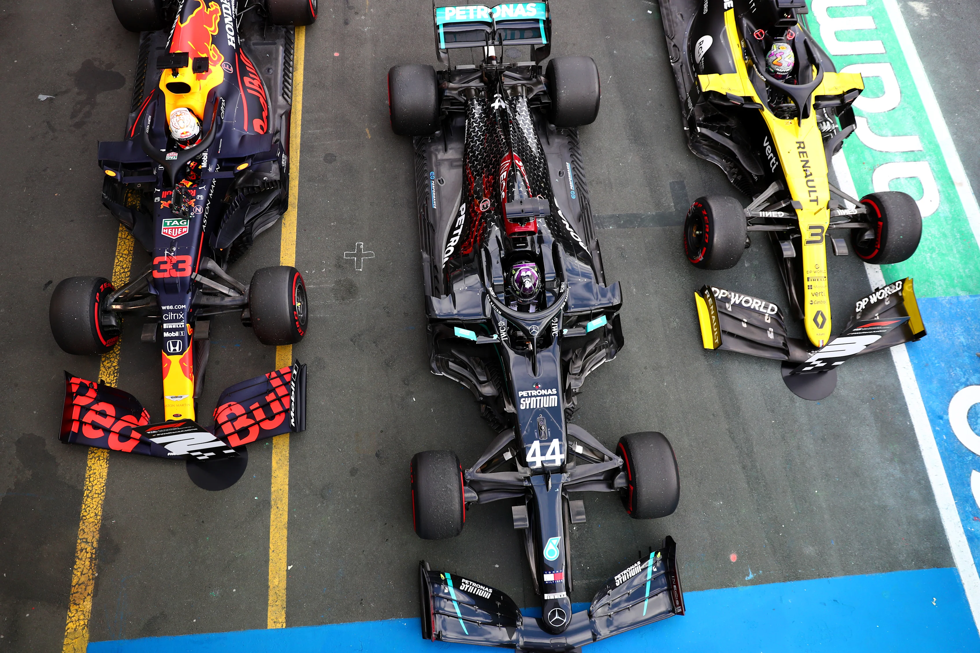 NUERBURG, GERMANY - OCTOBER 11: A general view of parc ferme with race winner Lewis Hamilton of
