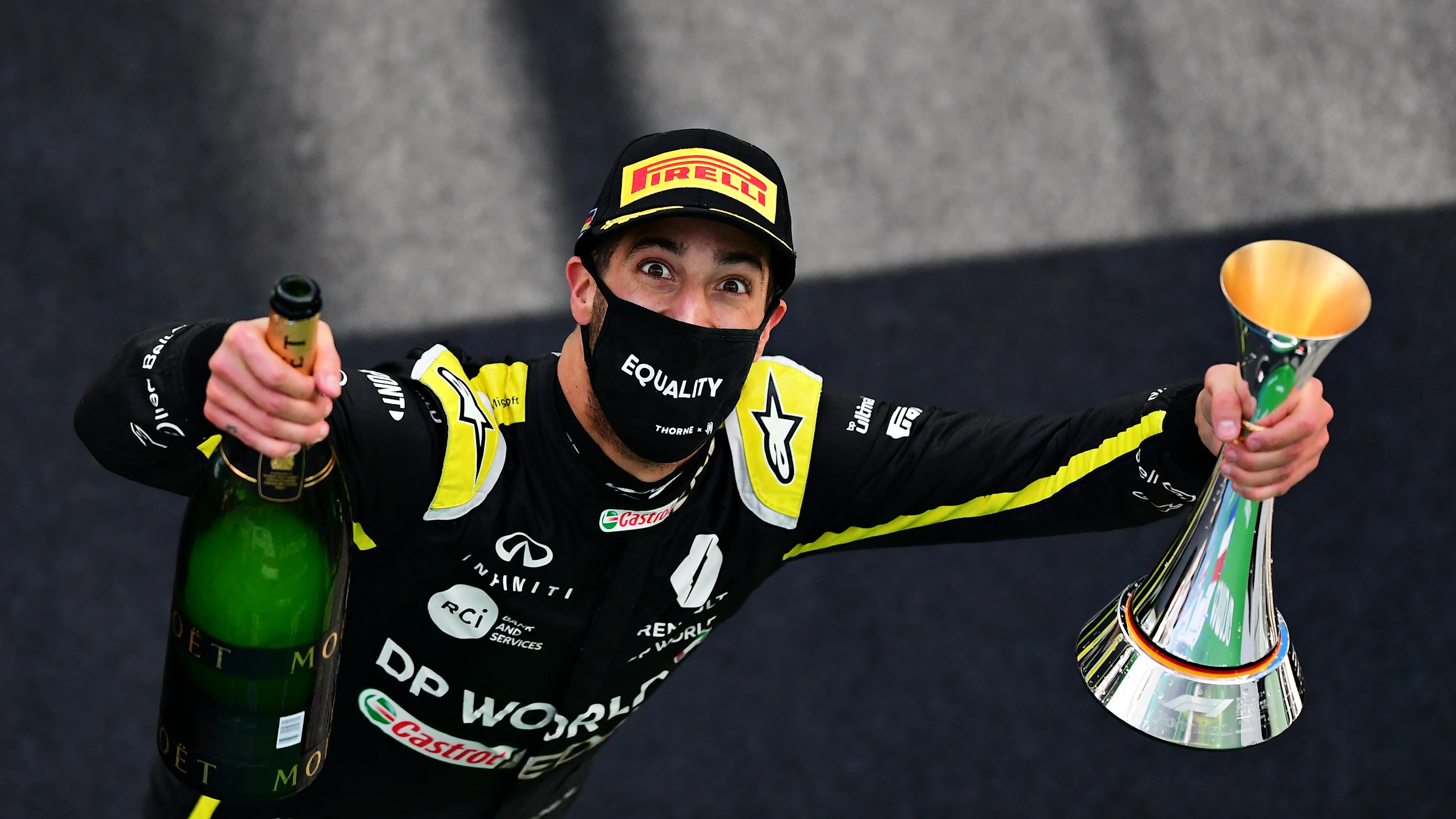 NUERBURG, GERMANY - OCTOBER 11: Third placed Daniel Ricciardo of Australia and Renault Sport F1 celebrates on the podium during the F1 Eifel Grand Prix at Nuerburgring on October 11, 2020 in Nuerburg, Germany. (Photo by Mario Renzi - Formula 1/Formula 1 via Getty Images)