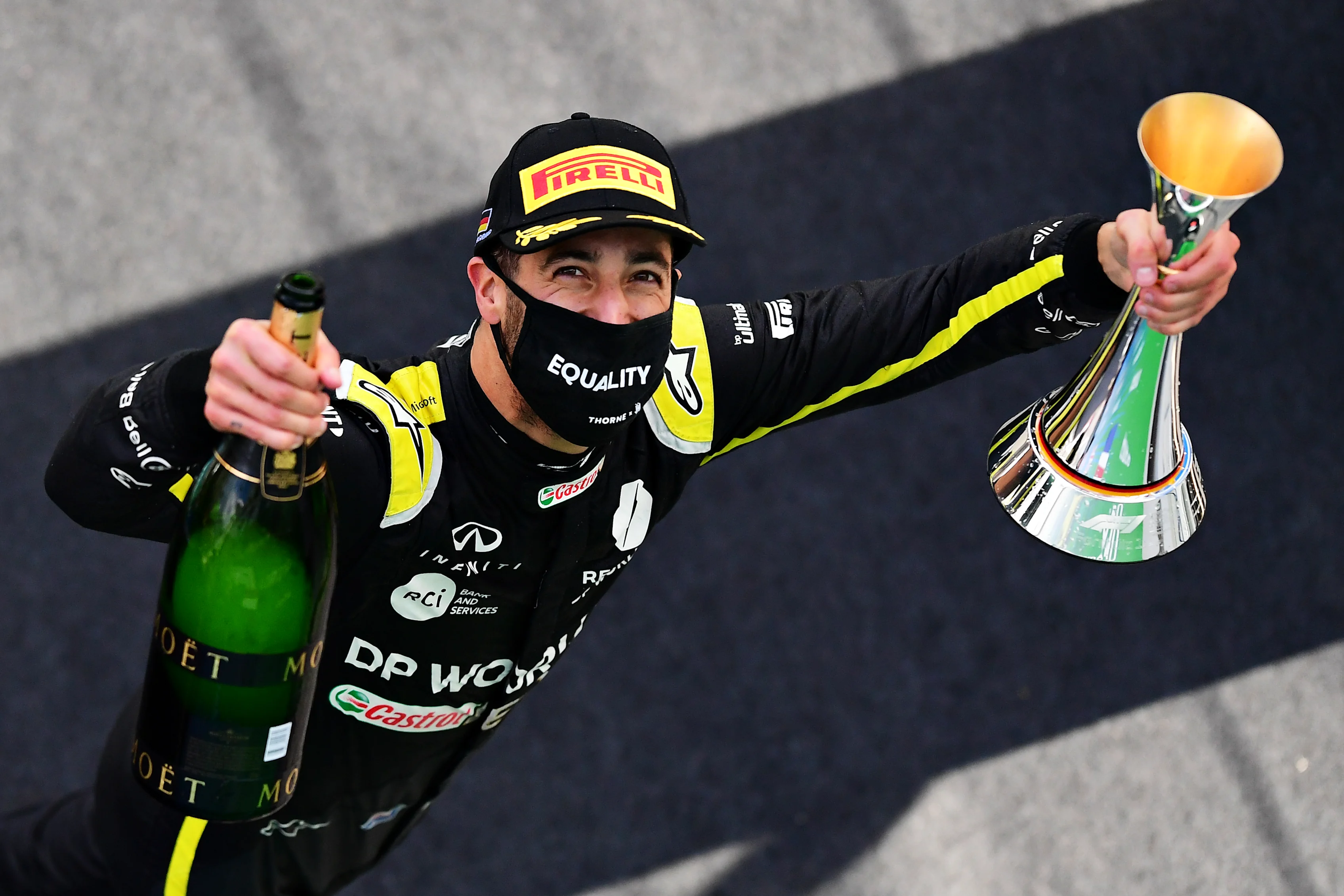 NUERBURG, GERMANY - OCTOBER 11: Third placed Daniel Ricciardo of Australia and Renault Sport F1