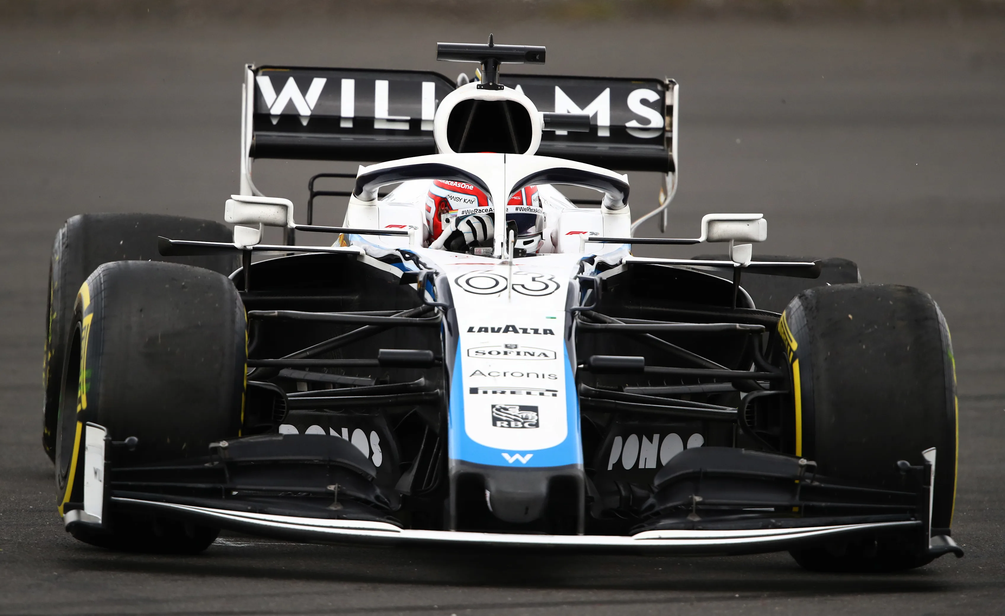 NUERBURG, GERMANY - OCTOBER 11: George Russell of Great Britain driving the (63) Williams Racing