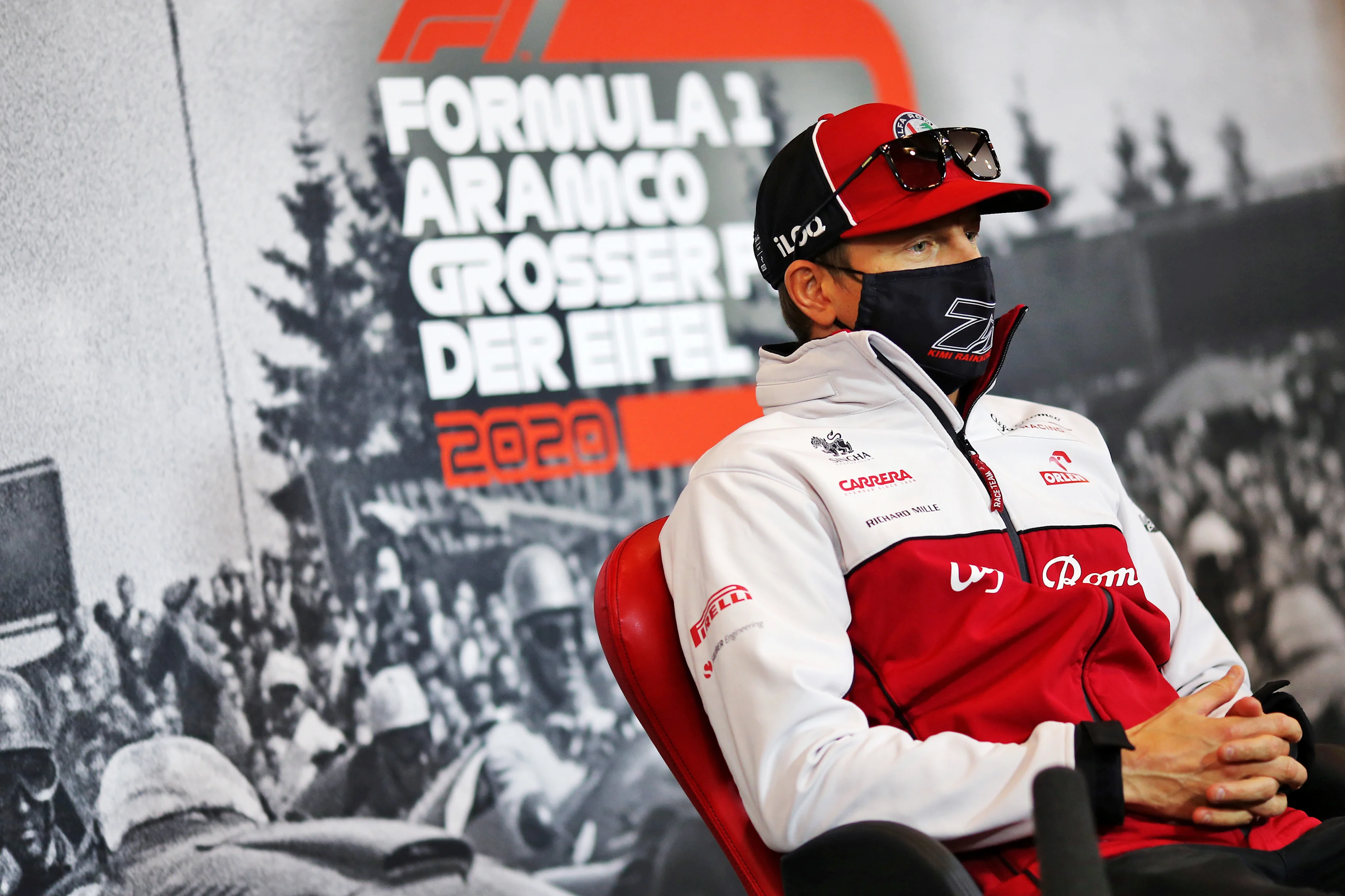NUERBURG, GERMANY - OCTOBER 08: Kimi Raikkonen of Finland and Alfa Romeo Racing talks in the Drivers Press Conference during previews ahead of the F1 Eifel Grand Prix at Nuerburgring on October 08, 2020 in Nuerburg, Germany. (Photo by XPB - Pool/Getty Images)