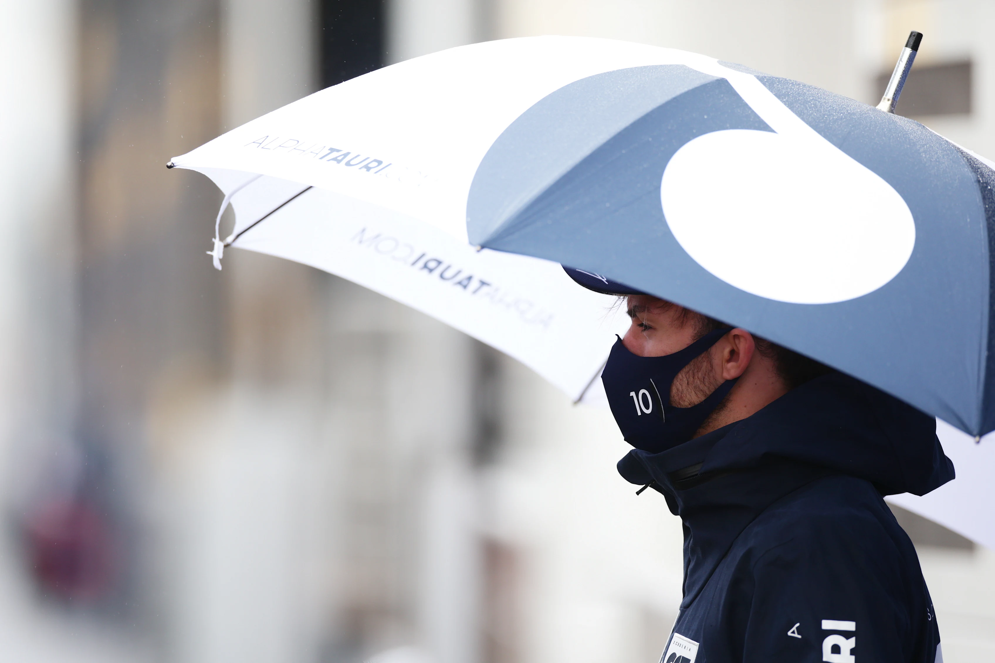 NUERBURG, GERMANY - OCTOBER 08: Pierre Gasly of France and Scuderia AlphaTauri talks to the media