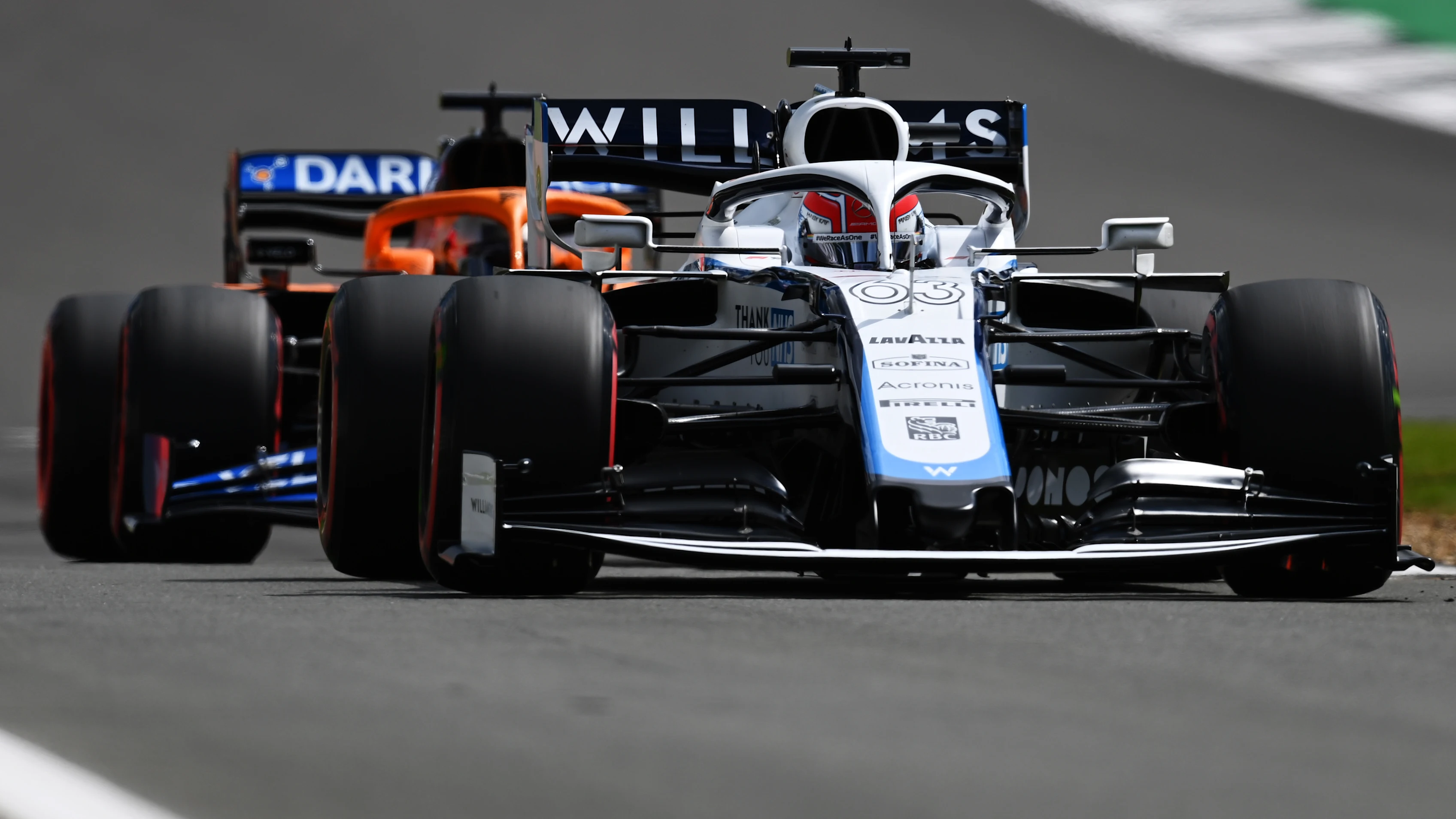 NORTHAMPTON, ENGLAND - AUGUST 01: George Russell of Great Britain driving the (63) Williams Racing