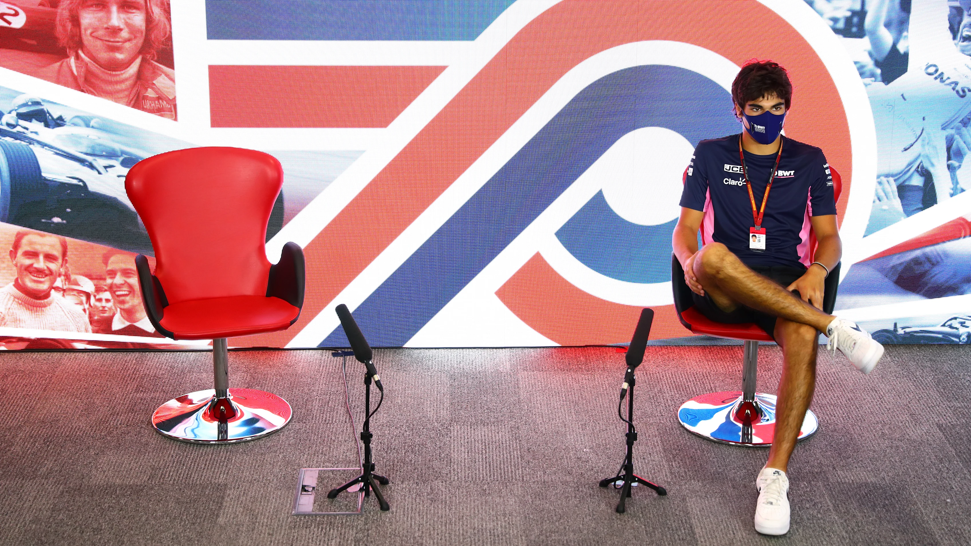 NORTHAMPTON, ENGLAND - JULY 30: Lance Stroll of Canada and Racing Point talks in the Drivers Press