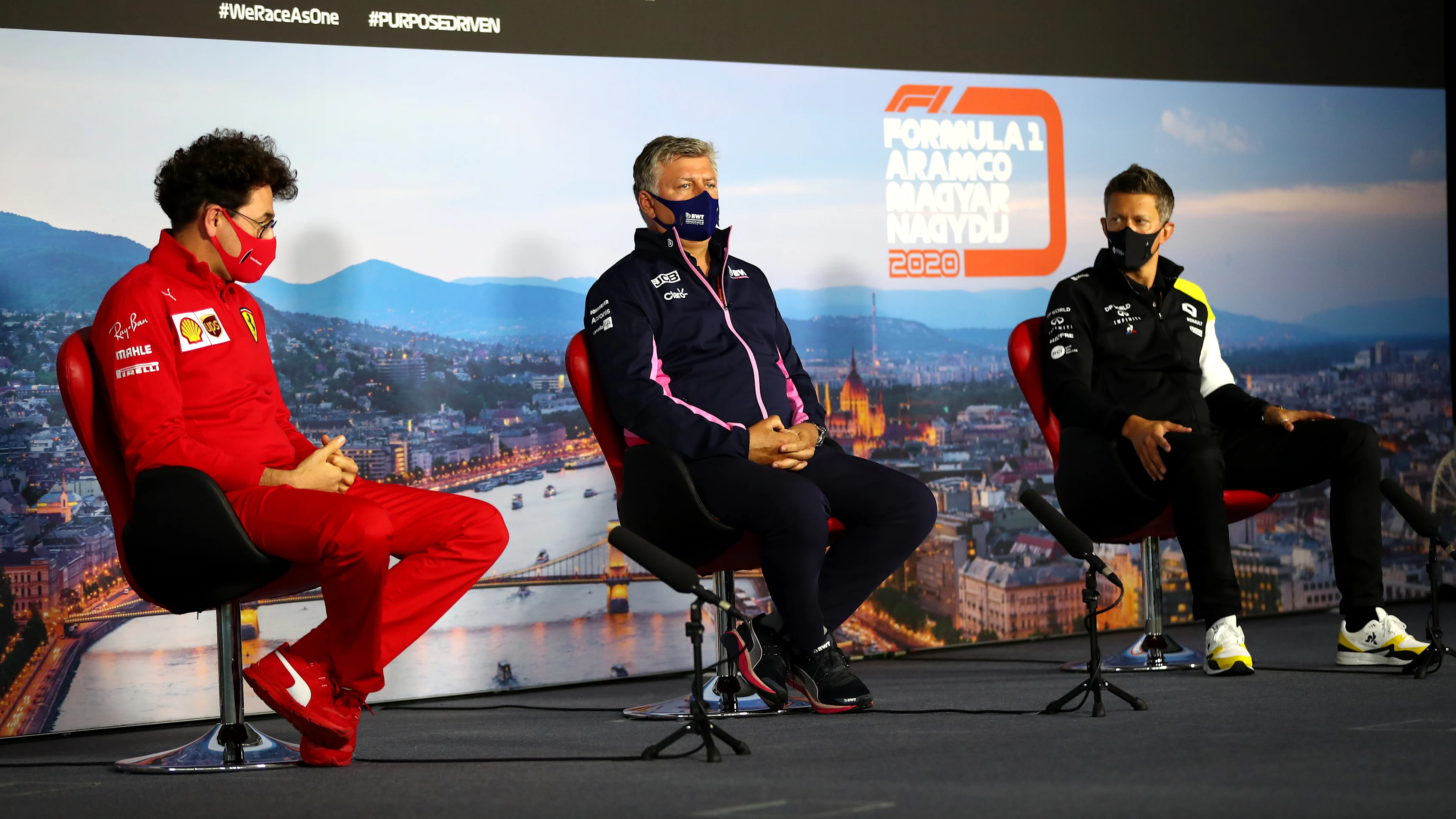 BUDAPEST, HUNGARY - JULY 17: Scuderia Ferrari Team Principal Mattia Binotto, Otmar Szafnauer, Team Principal and Chief Executive Officer of Racing Point and Marcin Budkowski, Executive Director of Renault Sport F1 talk in the Team Principals Press Conference during practice for the F1 Grand Prix of Hungary at Hungaroring on July 17, 2020 in Budapest, Hungary. (Photo by Dan Istitene - Formula 1/Formula 1 via Getty Images)