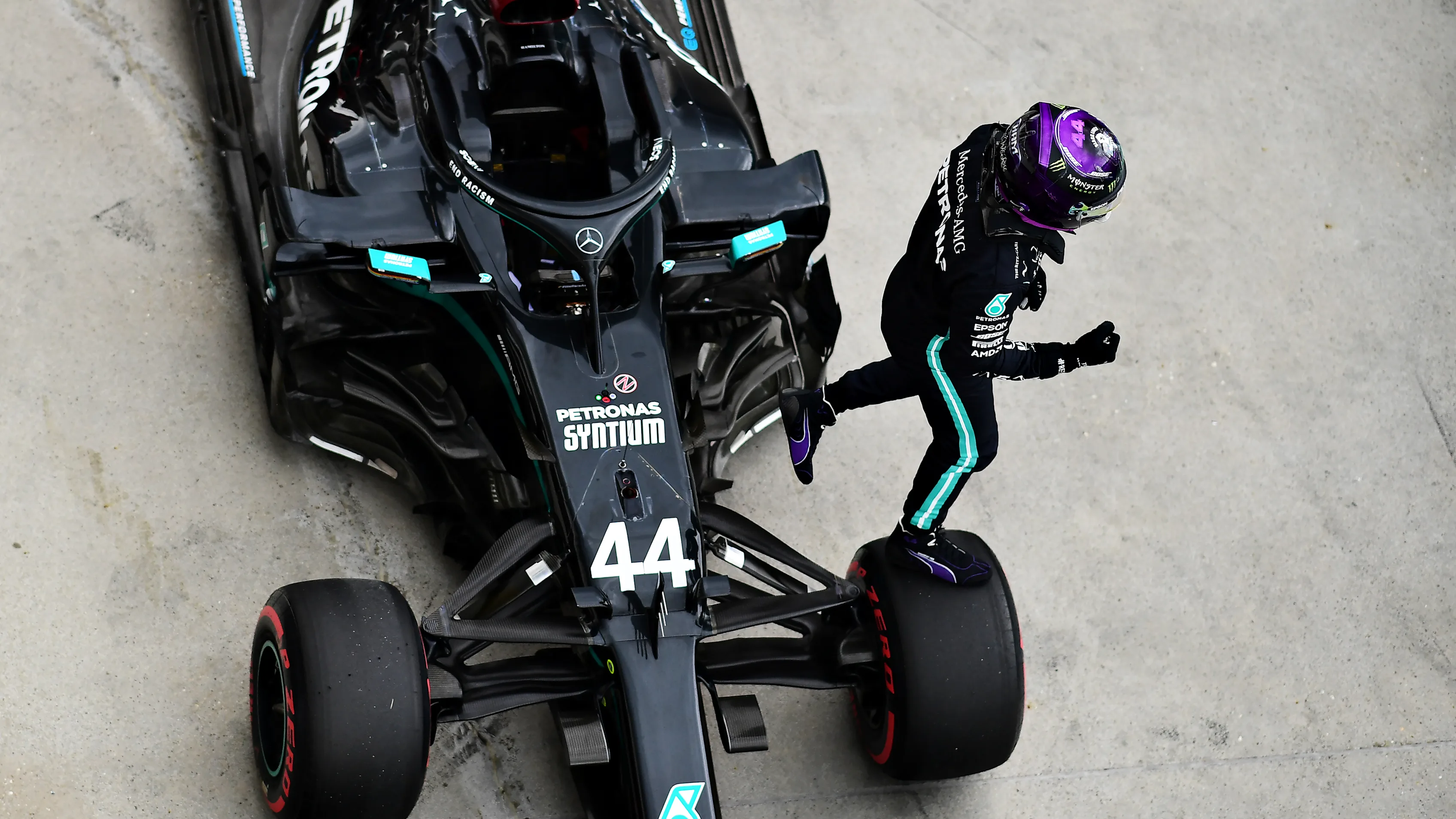 BUDAPEST, HUNGARY - JULY 18: Pole position qualifier Lewis Hamilton of Great Britain and Mercedes GP celebrates in parc ferme  during qualifying for the F1 Grand Prix of Hungary at Hungaroring on July 18, 2020 in Budapest, Hungary. (Photo by Mario Renzi - Formula 1/Formula 1 via Getty Images)