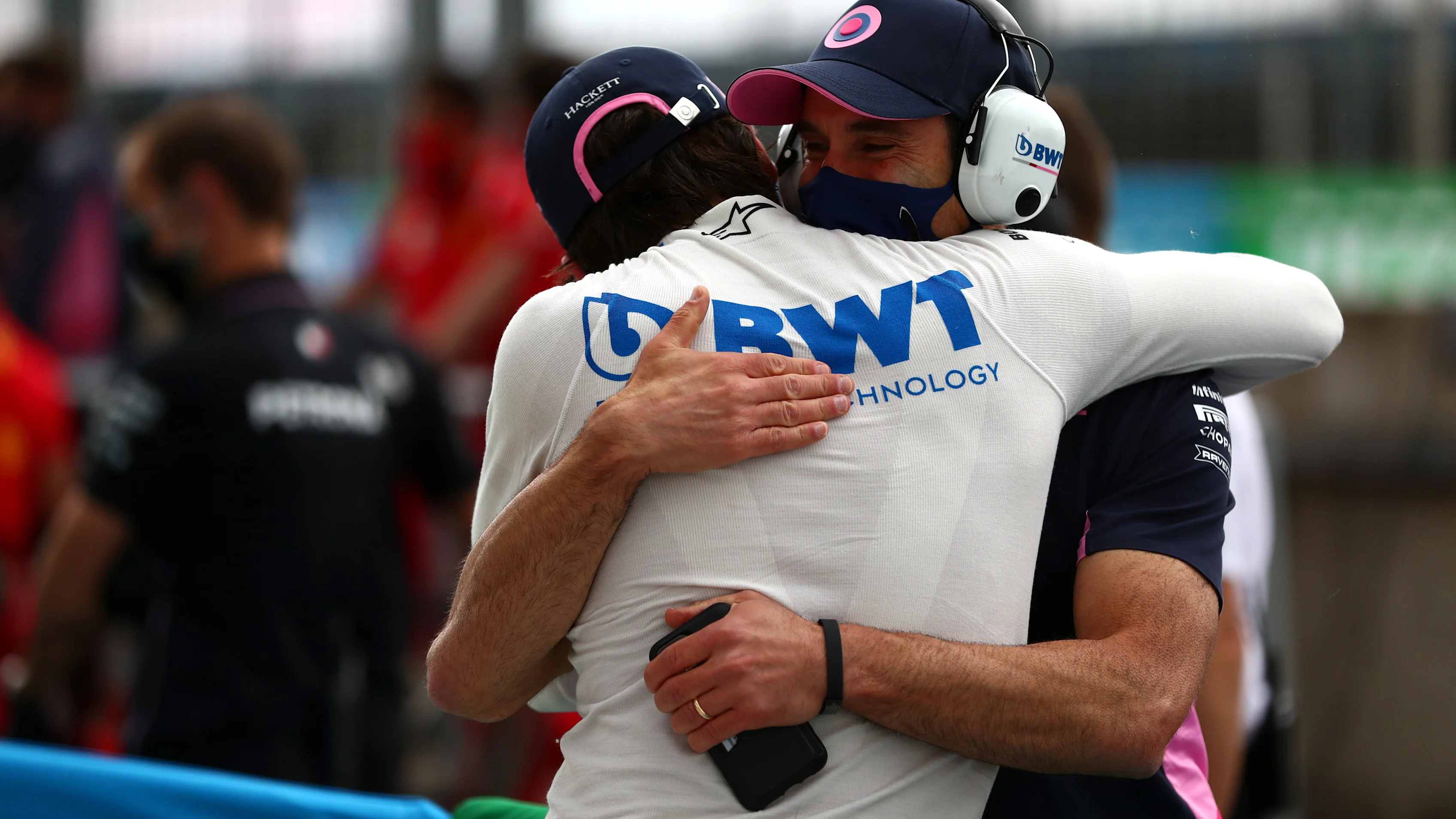 BUDAPEST, HUNGARY - JULY 18: Third place qualifier Lance Stroll of Canada and Racing Point celebrates in parc ferme during qualifying for the F1 Grand Prix of Hungary at Hungaroring on July 18, 2020 in Budapest, Hungary. (Photo by Dan Istitene - Formula 1/Formula 1 via Getty Images)