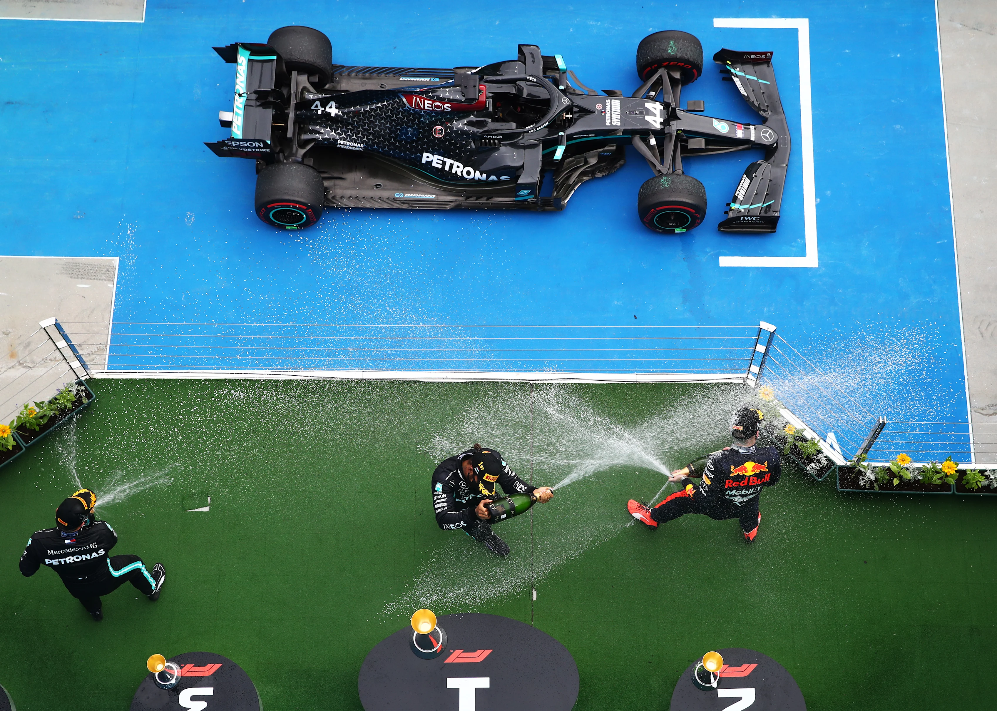 BUDAPEST, HUNGARY - JULY 19: Race winner Lewis Hamilton of Great Britain and Mercedes GP, second